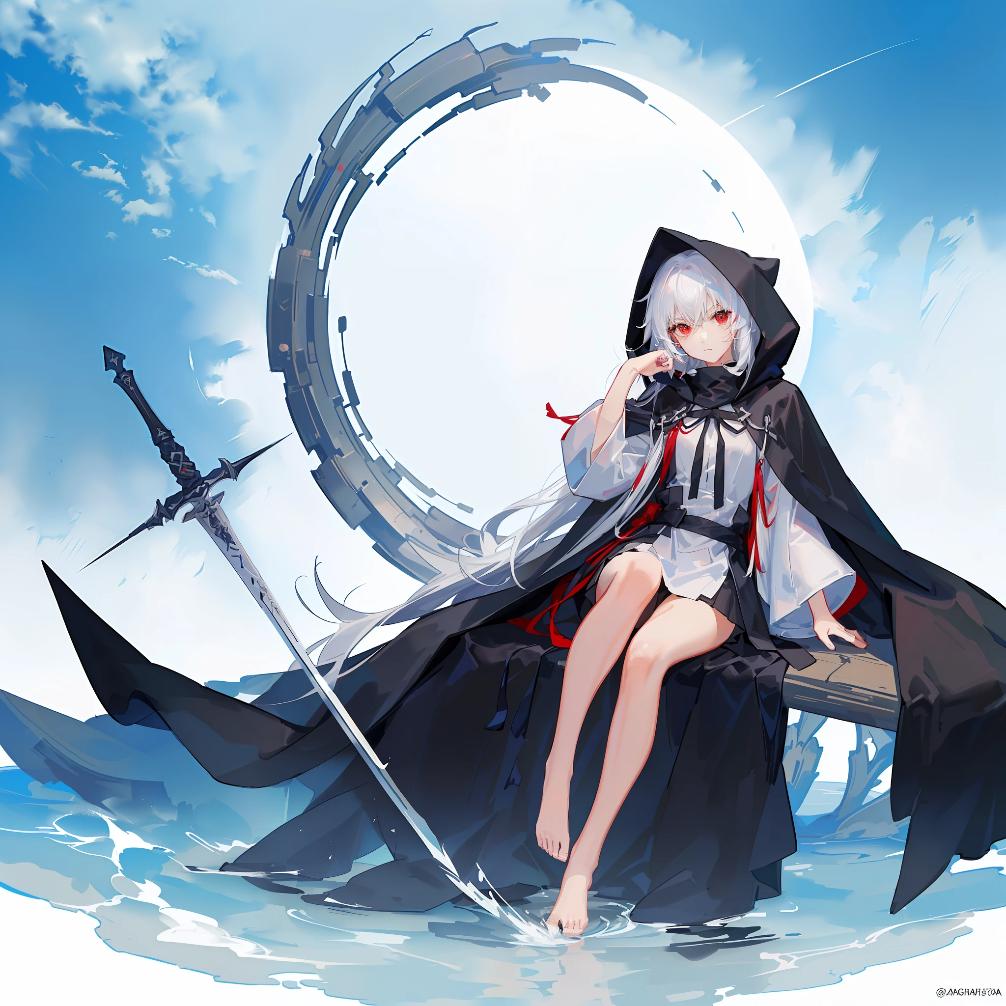 Maiden, black robe, hood, cape, red eyes, long white hair, calm expression, faint smile, anime, sword in hand, full body