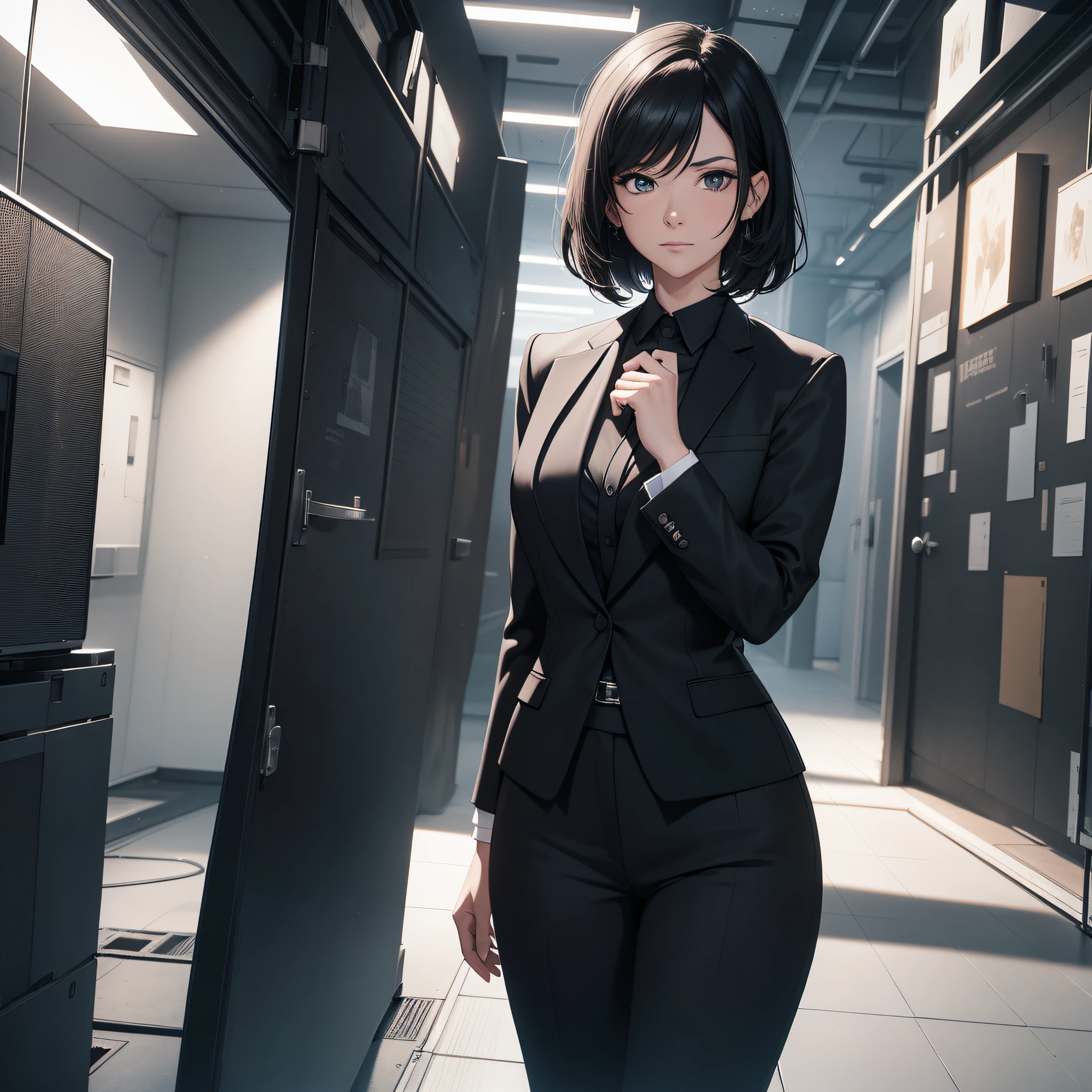 A thirty-year-old middle-aged woman in a black suit with short black hair in the office (expression surprised 1.5) 1.5 (lots of white space 1.5) (best quality: 1.1) full body display 1.5 (masterpiece: 1.3) with unparalleled masterpiece, surreal 8K, perfect artwork, super detail, best quality, masterpiece 4K wallpaper aesthetics, masterpiece, award-winning artwork, official art, cinematic lighting