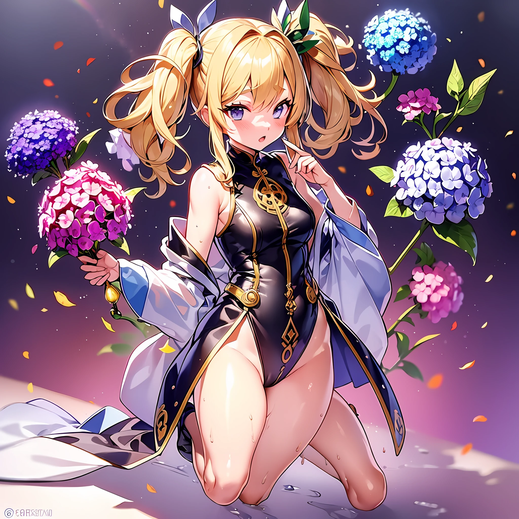 Hydrangea, rainbow, wet Ao dai, rabbit ears, thick eyebrows, female brat, small, pigtails, beautiful blonde, braid, (masterpiece), ((highest quality)), (super detailed), full body anime girl, clean and detailed face, five fingers, textile shading, perfect human body structure, perfect anatomy,
