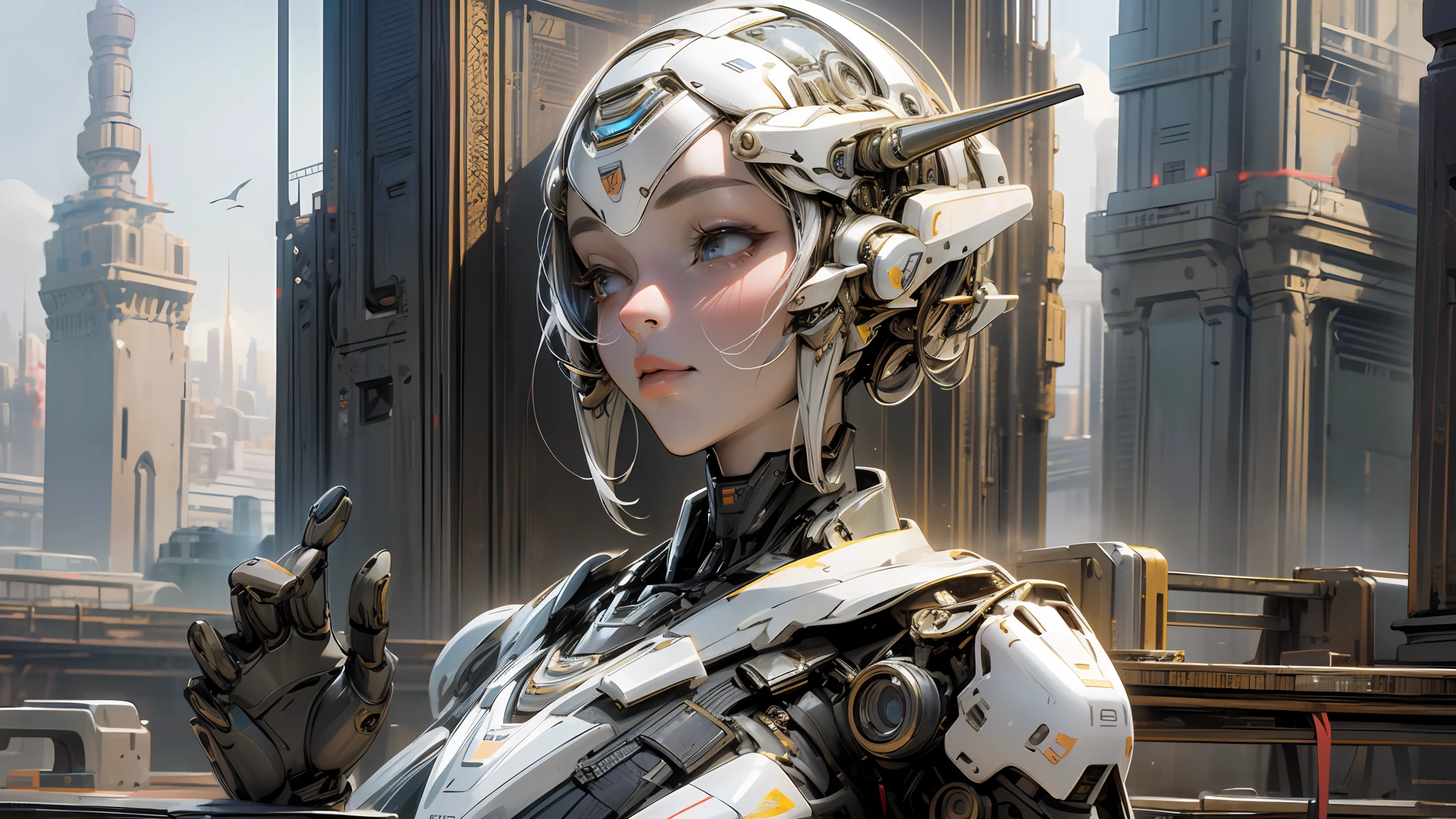 An android with a face that strikingly resembles that of a young woman, with a super realistic appearance. Its mechanical body is detailed and shows amazing technical complexity. The robot is posing in an outstretched hand, on which rests a small bird. The surrounding environment is peaceful, with a backdrop depicting a futuristic city filled with skyscrapers and advanced technology. The overall atmosphere of the picture is serene and relaxing. This particular android is a true masterpiece, with carefully crafted details and textures. The style of this image is a three-dimensional sculpture, created using high-quality modeling and rendering techniques. --auto --s2
