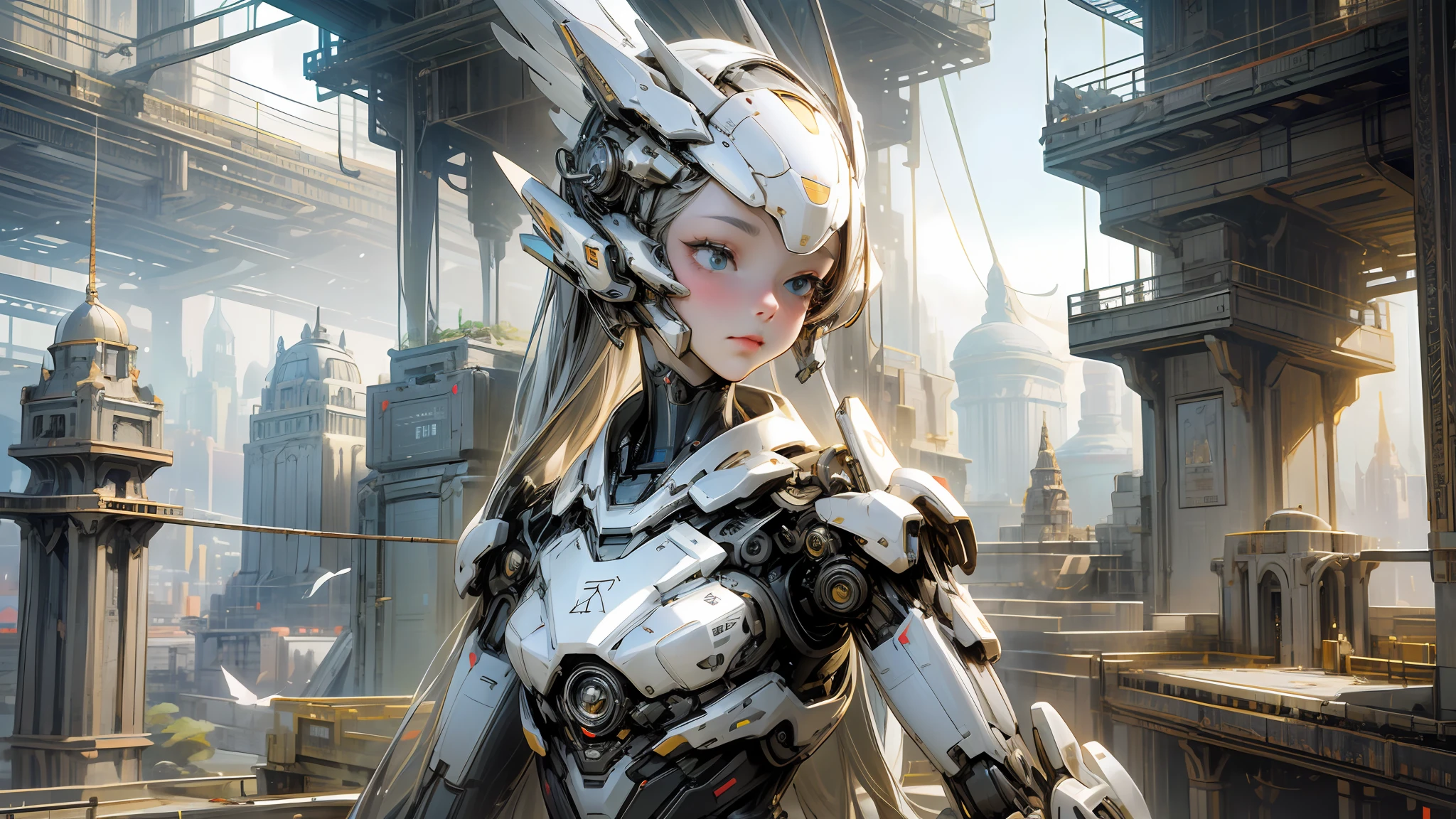An android with a face that strikingly resembles that of a young woman, with a super realistic appearance. Its mechanical body is detailed and shows amazing technical complexity. The robot is posing in an outstretched hand, on which rests a small bird. The surrounding environment is peaceful, with a backdrop depicting a futuristic city filled with skyscrapers and advanced technology. The overall atmosphere of the picture is serene and relaxing. This particular android is a true masterpiece, with carefully crafted details and textures. The style of this image is a three-dimensional sculpture, created using high-quality modeling and rendering techniques. --auto --s2