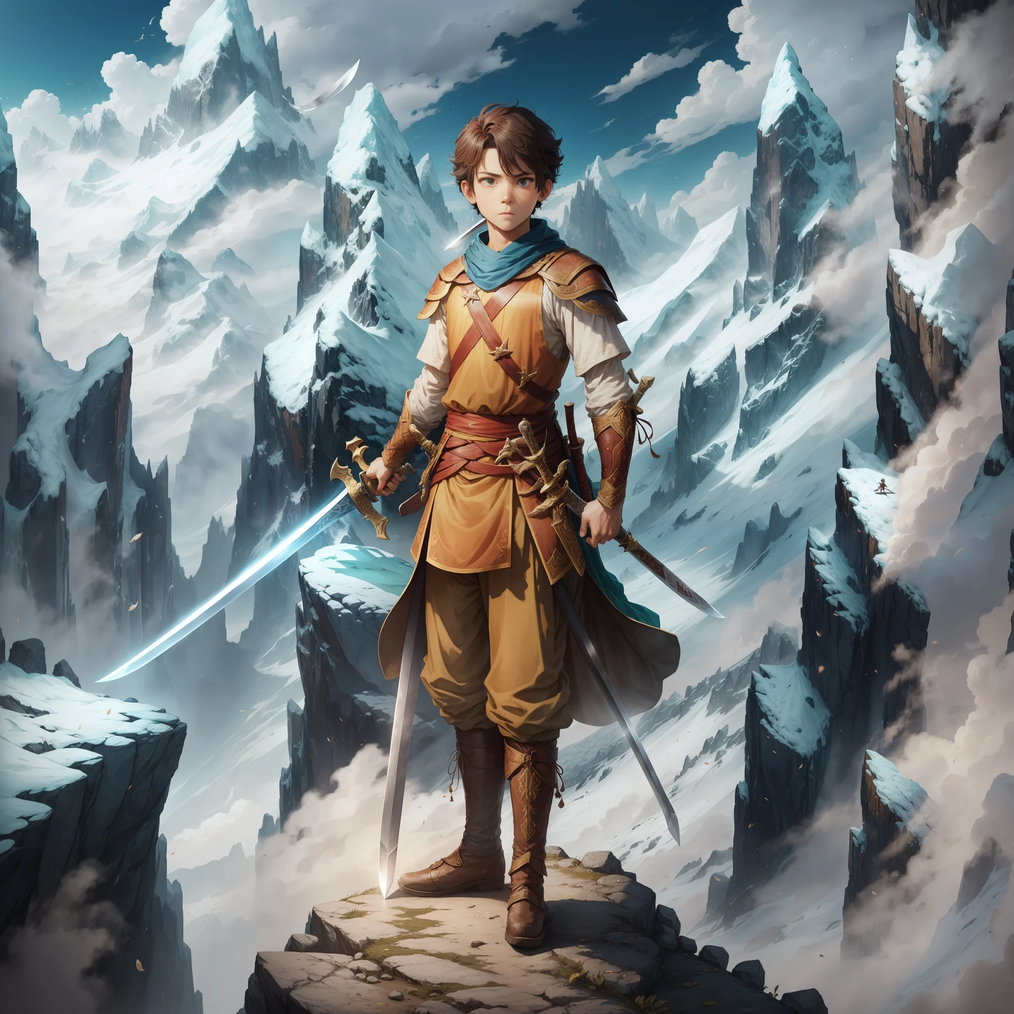 A boy, holding a long sword, stood on the top of a mountain, --auto --s2