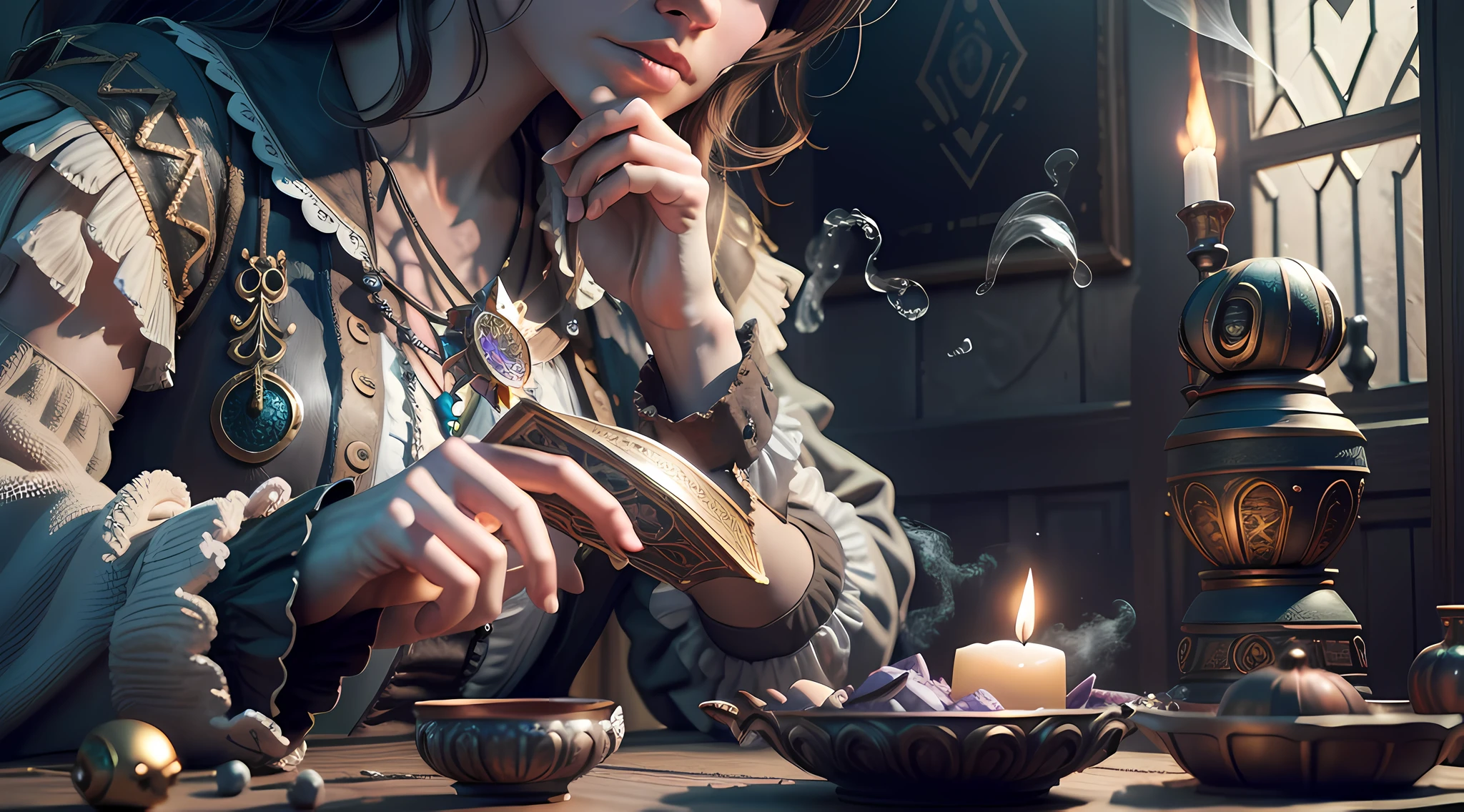 A tarot card soothsayer, Sit at the table, Use a mysterious atmosphere to enhance the effect, Light a candle, Use dramatic lighting effects, Very complicated details, Use hyper-realistic 3D rendering techniques, Use cinematic effects, Dark tone, Emphasize the feeling of magic, Use a retro effect, Presents a shabby feel, Use fog effects, Reference to the effect of the art station, In the middle, Close-up shooting, UHD, high details, best quality --version 5 --hd