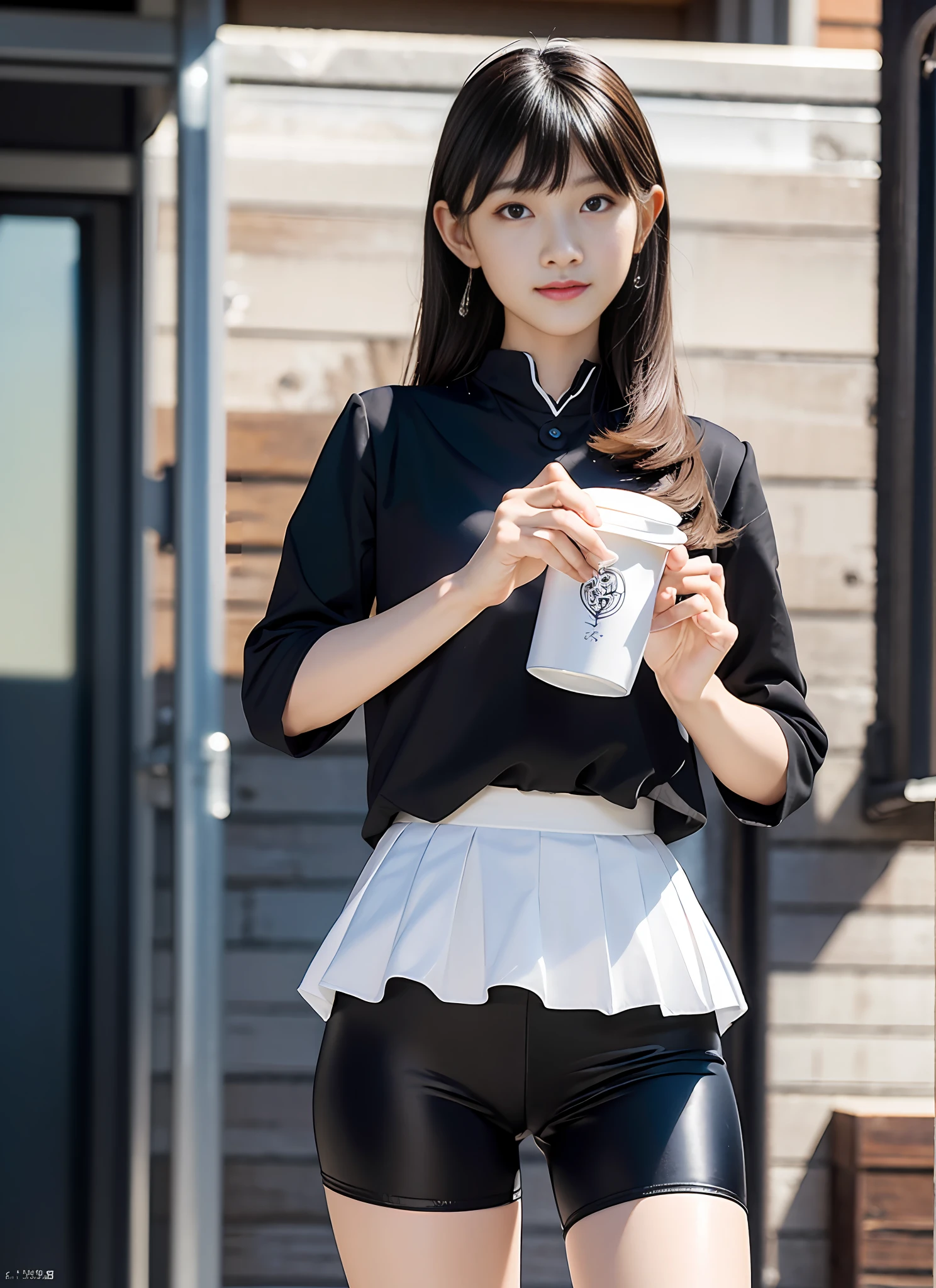 masterpiece, masterpiece, best quality, best quality, real, unity, 8k wallpaper, official art, highly detailed cg unity 8k wallpaper, ulzzang-6500, one girl, cute, professional lighting, ((Long black spandex shorts: 1.37)), long hair, uniform, pleated skirt, (Original: 1.2), (Real: 1.4), ultra detailed, high resolution, ultra detailed, amazing, fine details, cinematic lighting, simple costumes, detailed clothing textures, (8k, RAW photos, highest quality, masterpiece: 1.27), (realistic, photorealistic: 1.37), physically based rendering, handsome, masterpiece, highest quality, high resolution,