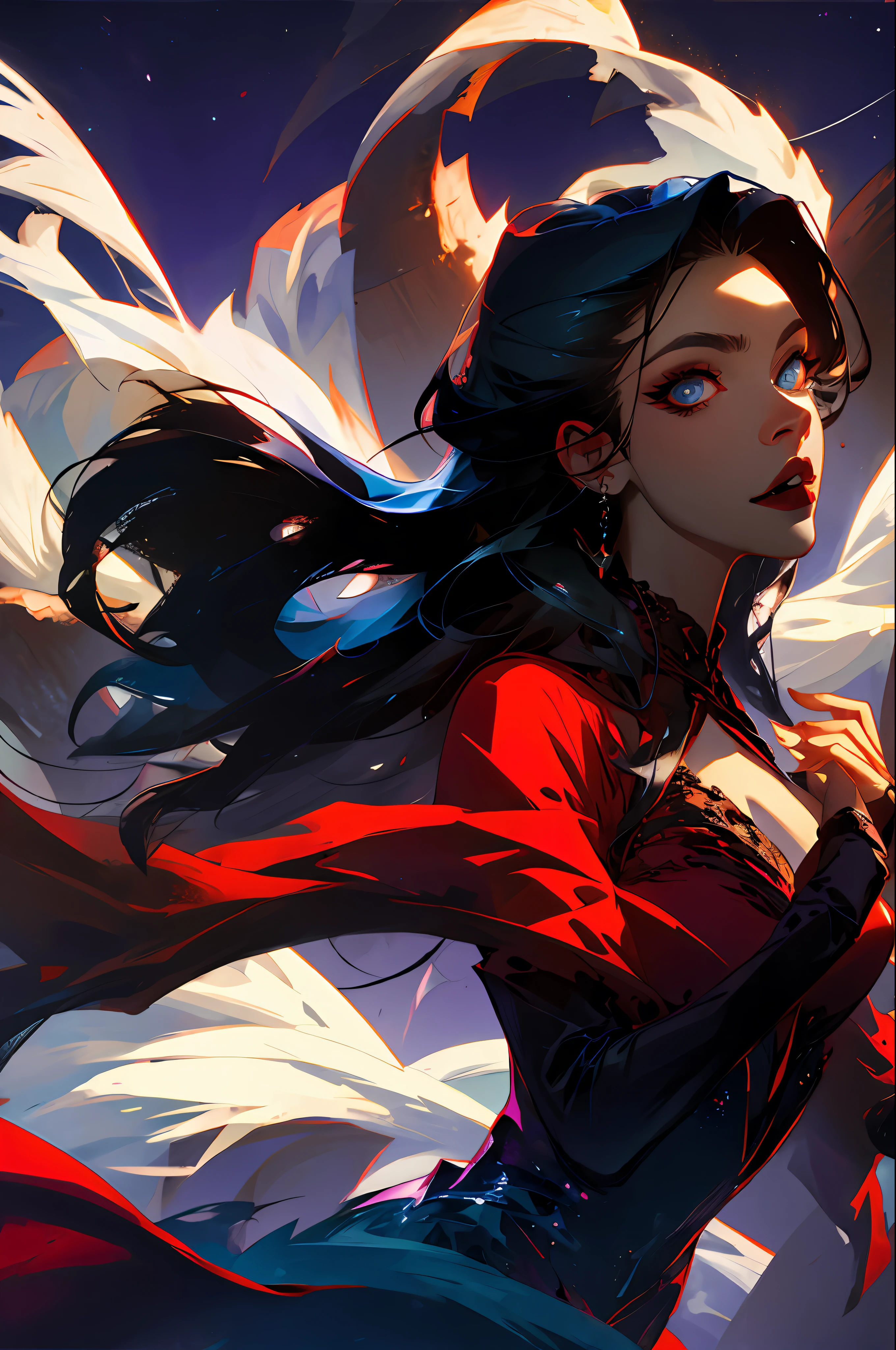 a sensual vampire woman with fierce face, mystical city background, night, full moon, darkness