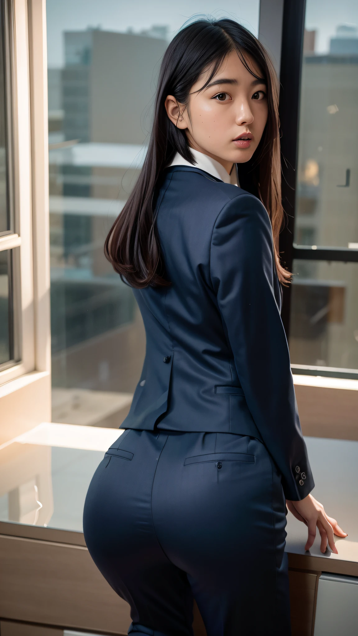 arafed asian woman in a suit sitting on a desk, girl in suit, in strict suit, girl in a suit, wearing business suit, wearing tight suit, in a strict suit, wearing a strict business suit, wearing a business suit, wearing suit, in a suit, wearing a suit, in a business suit, wearing a suits, looking from behind --auto --s2
