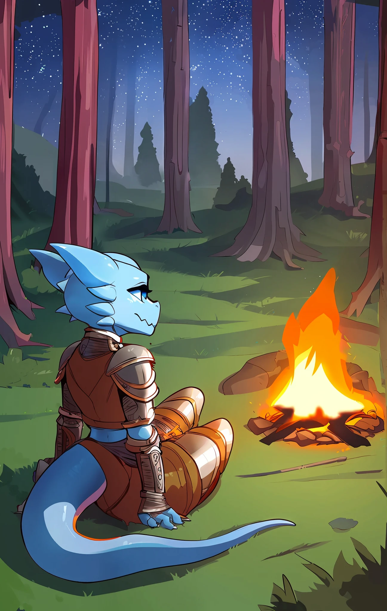 kobold anthro, blue body, male kobold anthro, by eiprel, highdetail, medieval armor, sitting around campfire, night, forest background, vibrant colors, glossy, diffuse glow,