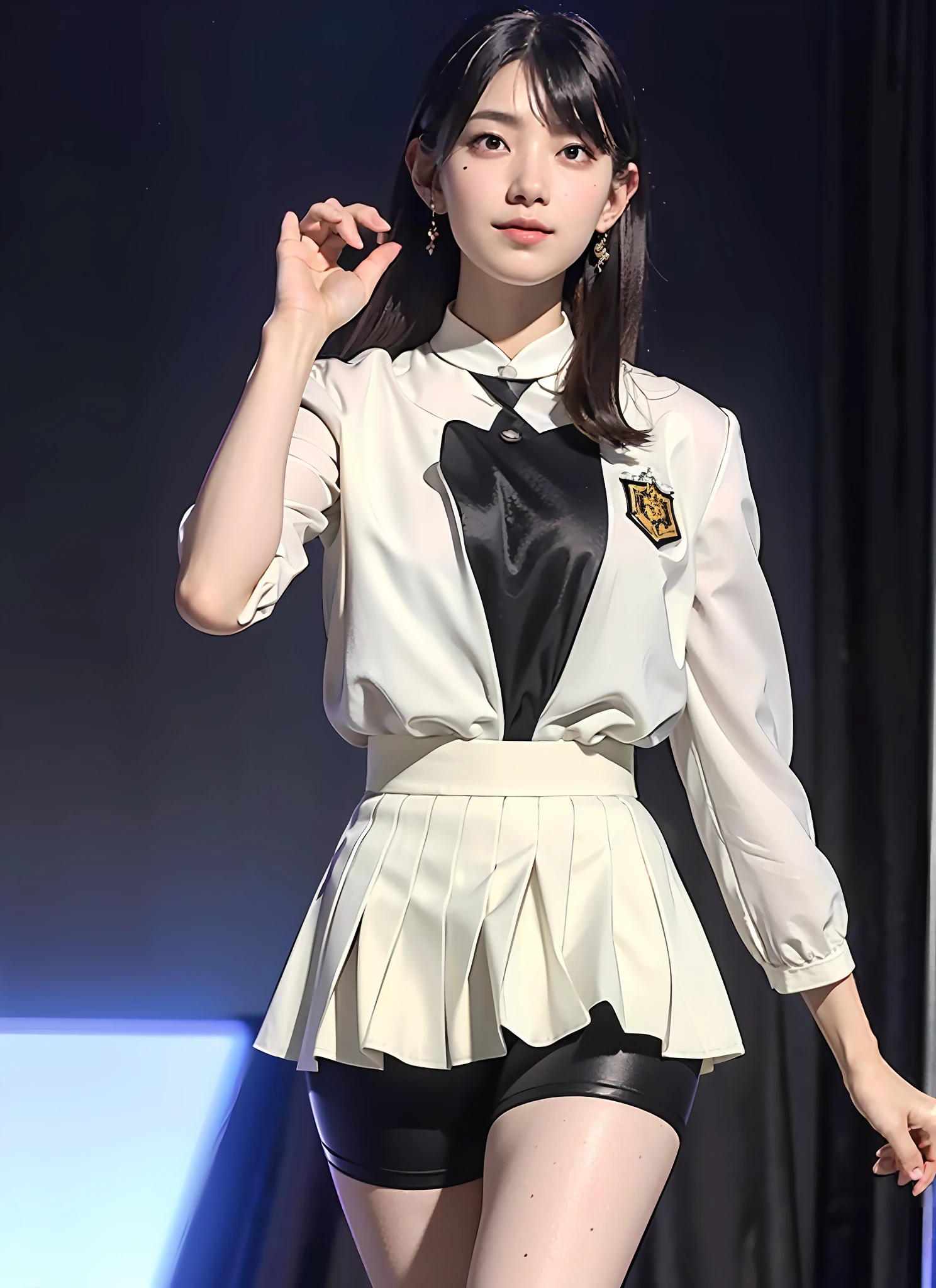 masterpiece, masterpiece, best quality, best quality, real, unity, 8k wallpaper, official art, highly detailed cg unity 8k wallpaper, ulzzang-6500, one girl, cute, professional lighting, ((Long black spandex shorts: 1.37)), long hair, uniform, pleated skirt, (Original: 1.2), (Real: 1.4), ultra detailed, high resolution, ultra detailed, amazing, fine details, cinematic lighting, simple costumes, detailed clothing textures, (8k, RAW photos, highest quality, masterpiece: 1.27), (realistic, photorealistic: 1.37), physically based rendering, handsome, masterpiece, highest quality, high resolution,