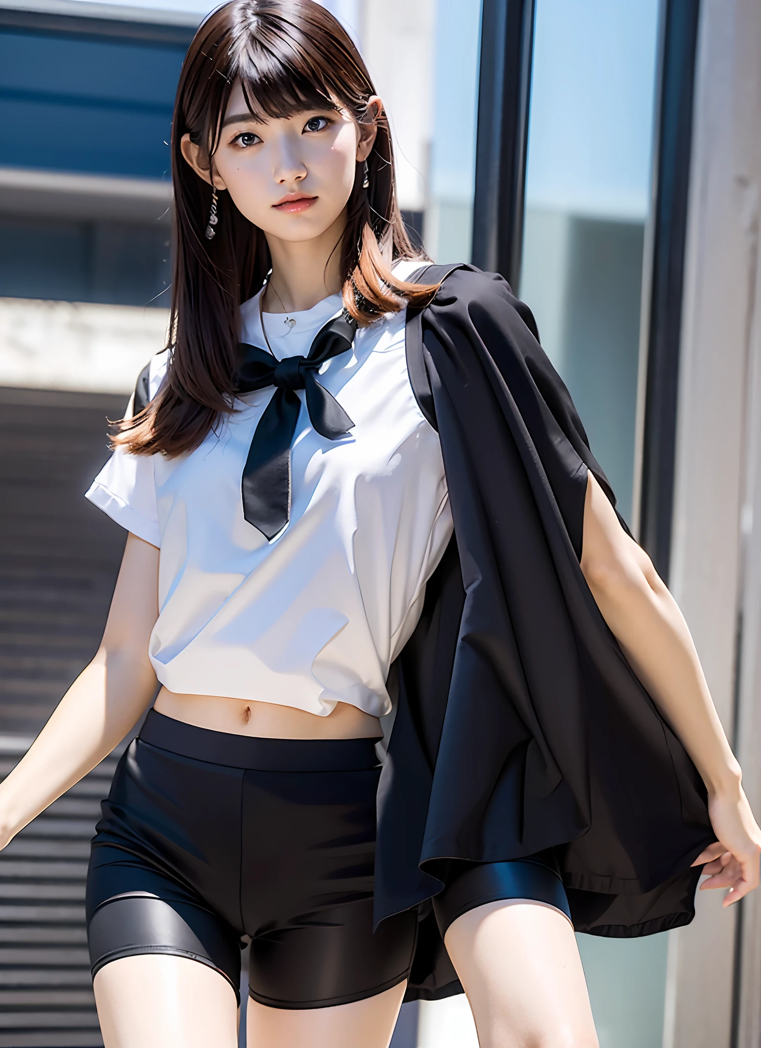 masterpiece, masterpiece, best quality, best quality, real, unity, 8k wallpaper, official art, highly detailed cg unity 8k wallpaper, ulzzang-6500, one girl, cute, professional lighting, ((Long black spandex shorts: 1.37)), long hair, uniform, pleated skirt, (Original: 1.2), (Real: 1.4), ultra detailed, high resolution, ultra detailed, amazing, fine details, cinematic lighting, simple costumes, detailed clothing textures, (8k, RAW photos, highest quality, masterpiece: 1.27), (realistic, photorealistic: 1.37), physically based rendering, handsome, masterpiece, highest quality, high resolution,