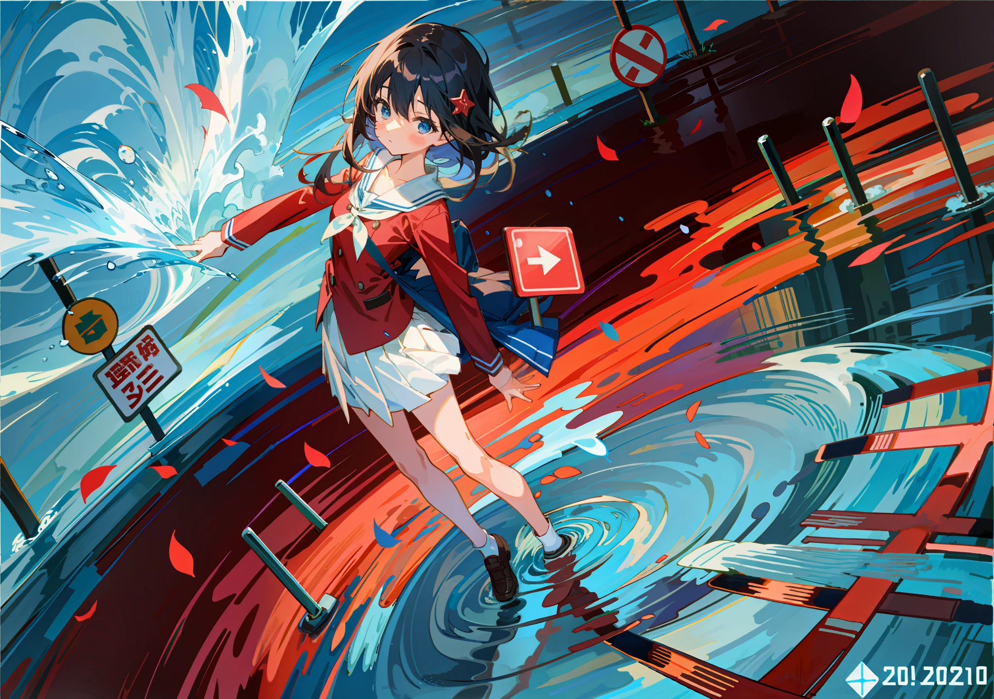Lots of picture details, HD water ripple depiction, water droplets, bubbles, anime girl in red school uniform and white skirt walking on water, water reflection, traffic signs, beautiful sky, clouds, water ripples