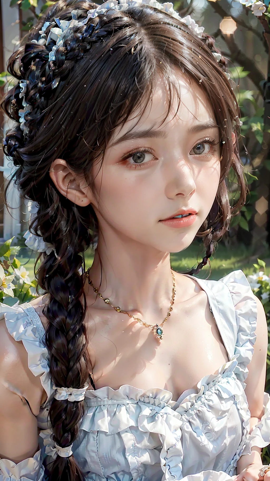 best quality, ultra hi res, photoreaslistic, a photography of a beautiful woman, 20yo teen age, detailed face, black Dutch braids with twists, (detailed porcelain doll,delicate clothes with a lot of frills and ribbons), Mansion pool, (face close up), seductive look, looking at viewer