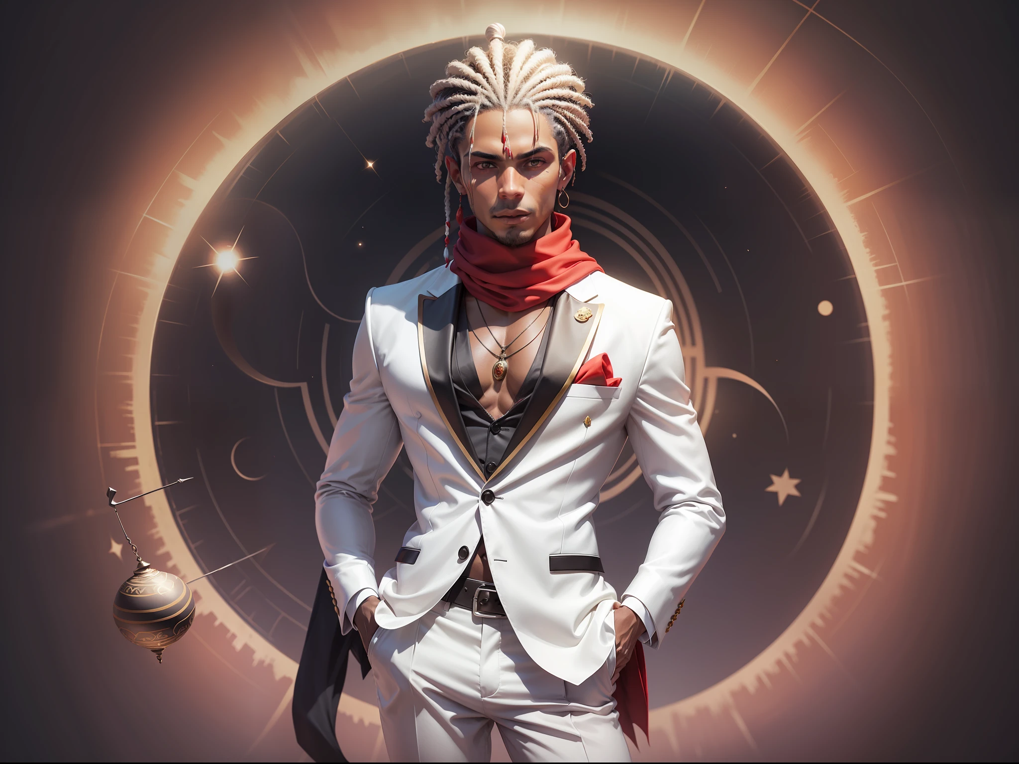 Zé Pilintra black, Brazilian umbanda, trickster, white suit and white and red striped shirt, red scarf in pocket