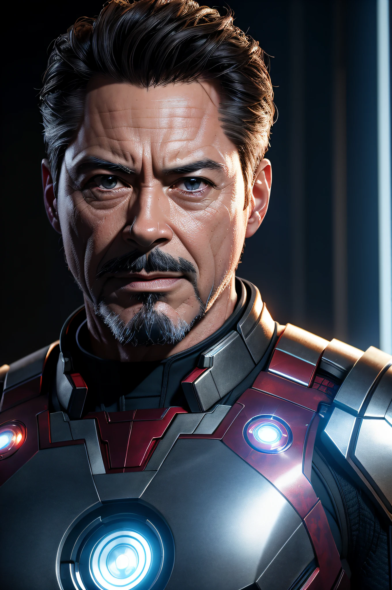 Marvel, Old man Tony Stark, realistically, dynamic lights, old, gray stubble, full shoot, (extremely detailed CG unity 8k wallpaper), trending on ArtStation, trending on CGSociety, High Detail, Sharp focus, dramatic, photorealistic