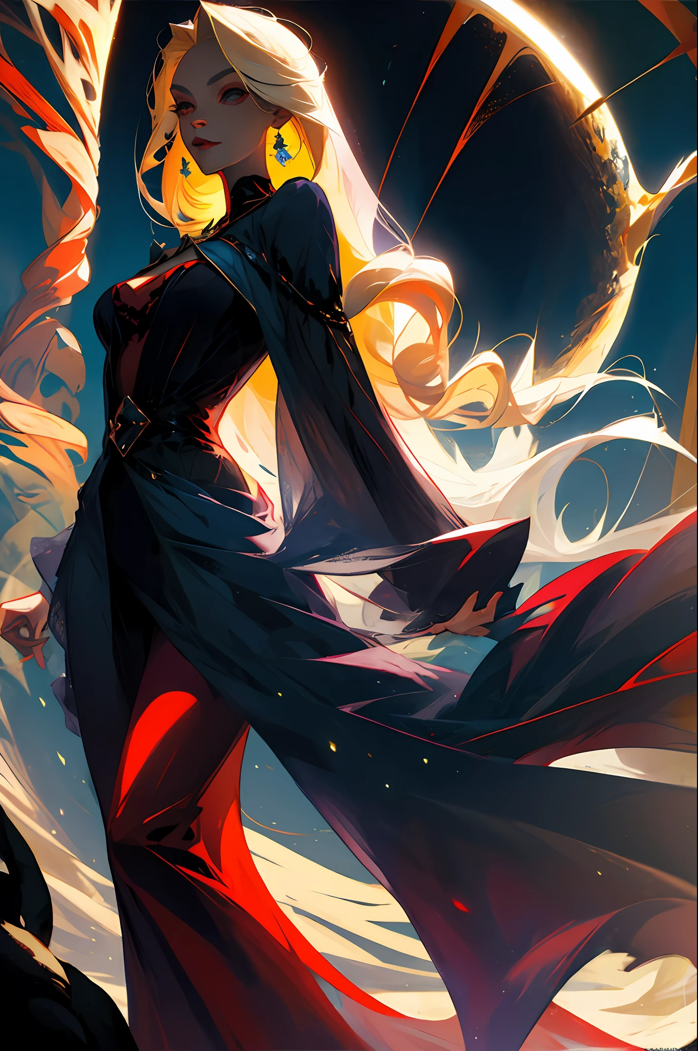 a sensual vampire woman, blonde wildly long hair, dark blue dress, dark city background, night, full moon, darkness