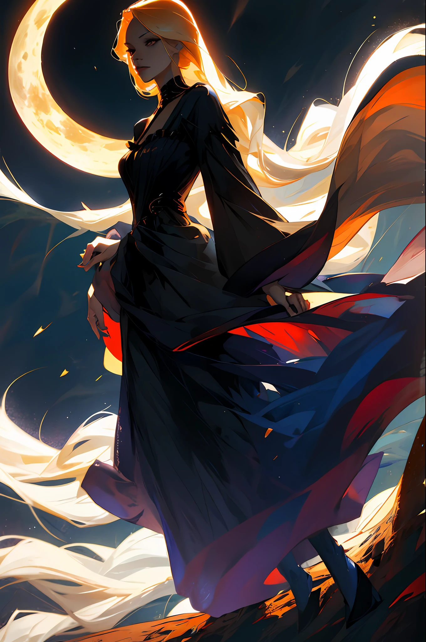 a sensual vampire woman, blonde wildly long hair, dark blue dress, dark city background, night, full moon, darkness
