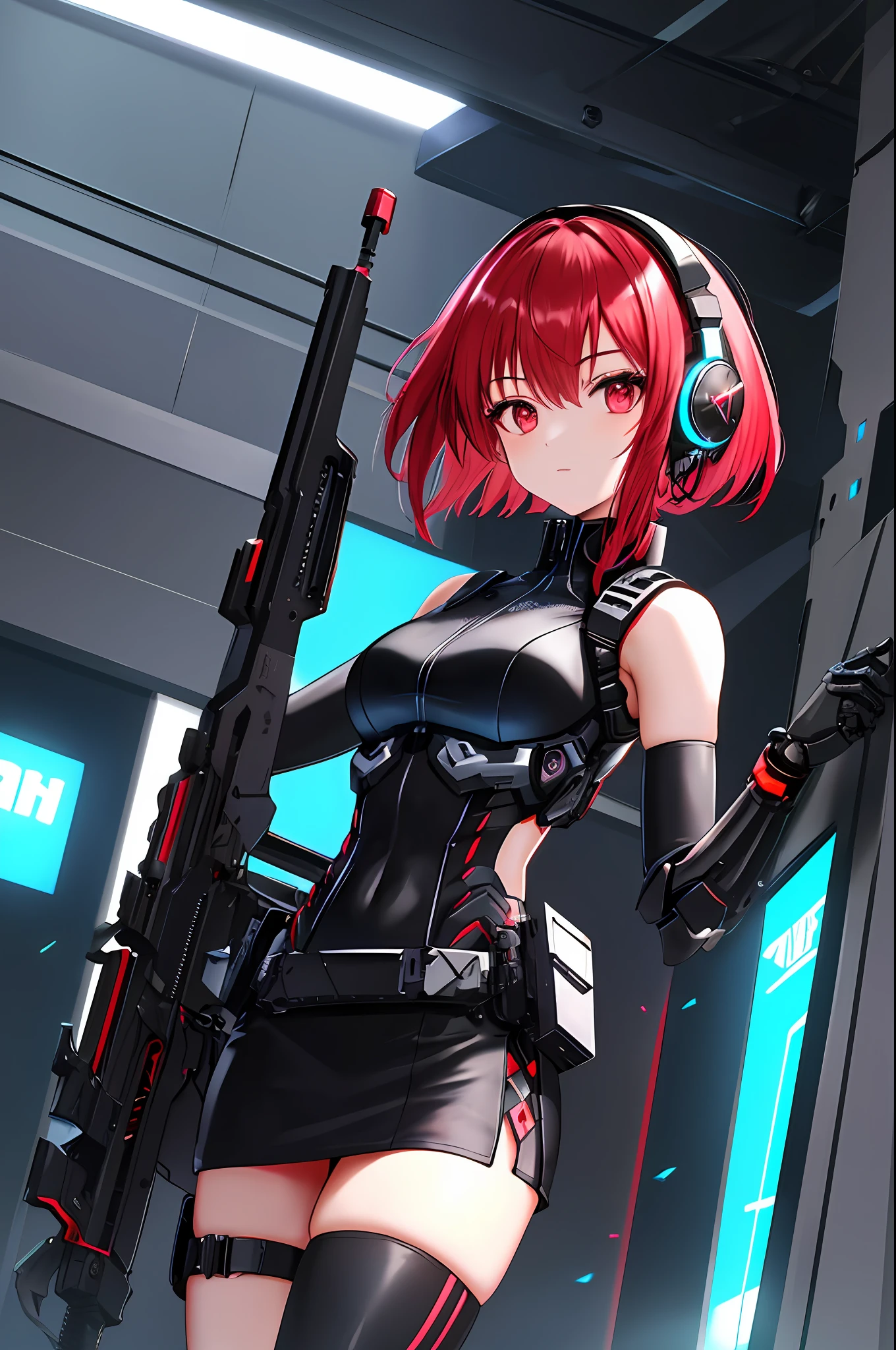 Absurdity, intricate details, highly detailed 8K wallpaper, (Transcendent Beautiful Girl: 1.5), BREAK, scarlet hair, short hair, (exoskeleton mini dress), (red eye), BREAK, (mechanical joints, mechanical limbs: 1.4), perfect five fingers, BREAK, armpits, absolute area, (headphones), (black miniskirt), cyberpunk, (holding a handgun:1.1), holster, dynamic angle, neon glowing city,