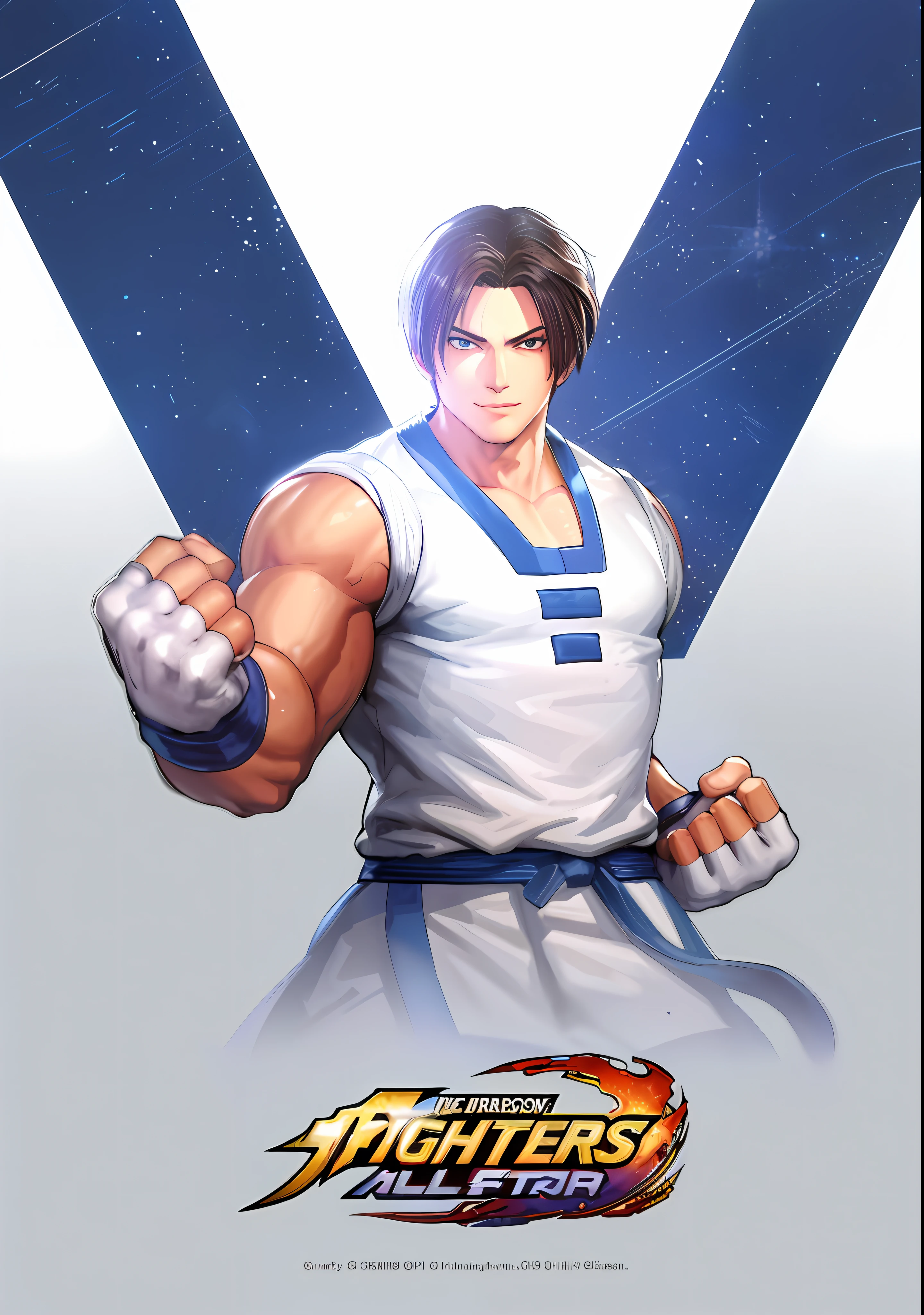 a close up of a cartoon character with a fist in his hand, character from king of fighters, Kim, smiling face, wearing fighter gloves, fighting game character, as a character in tekken, king of fighters style, snk, fighter pose, fan art, official art, of virtua figther, inspired by Daryush Shokof, official character art, tsurumaki kazuya, 3D, hyper detailed hands, extremely realistic, KOF style background arts