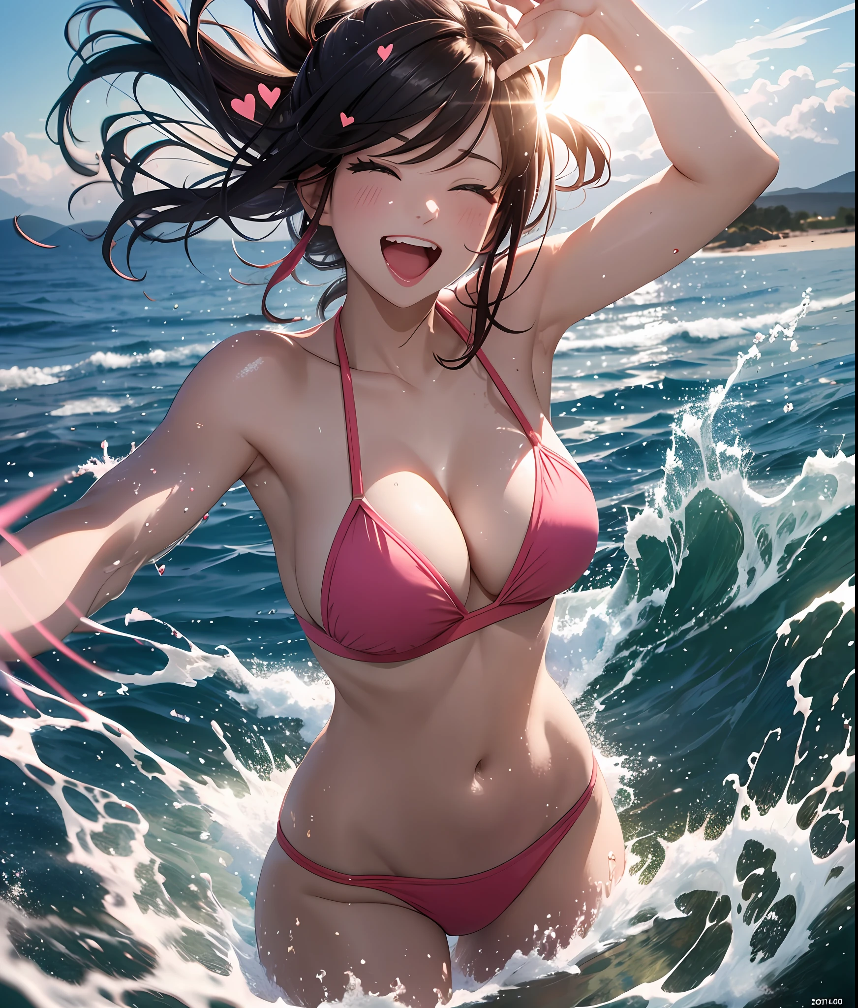 (8K, RAW, Top Quality, Masterpiece: 1.2), (Realistic, Photorealistic: 1.37), , Girl, Pink Bikini, Upper Body, Action Pose: 1.4, (Giant Laugh: 1.1), (Open Mouth: 1.1), (Wide Open Eyes: 1.2), Sun Glare, Bokeh, Depth of Field, Blurred Background, Light Particles, Strong Wind, (Heart Particles: 1.1)