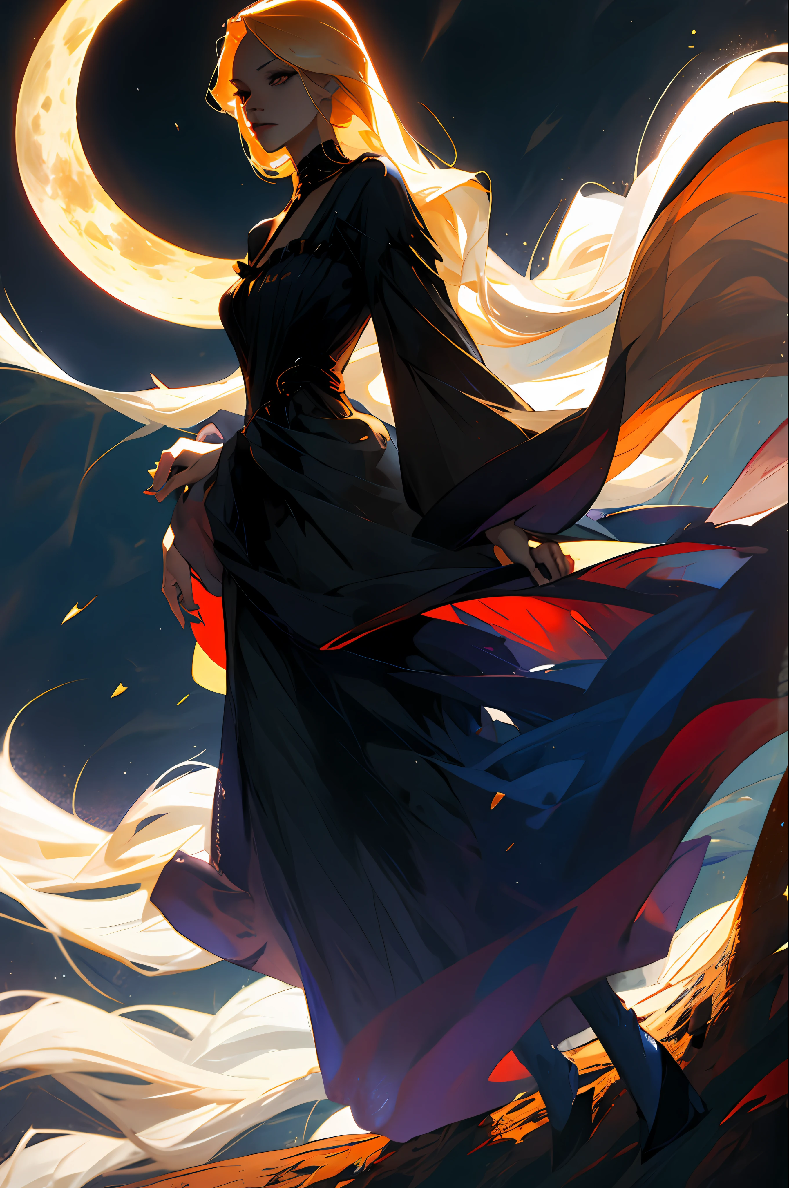 a sensual vampire woman, blonde wildly long hair, dark blue dress, dark city background, night, full moon, darkness