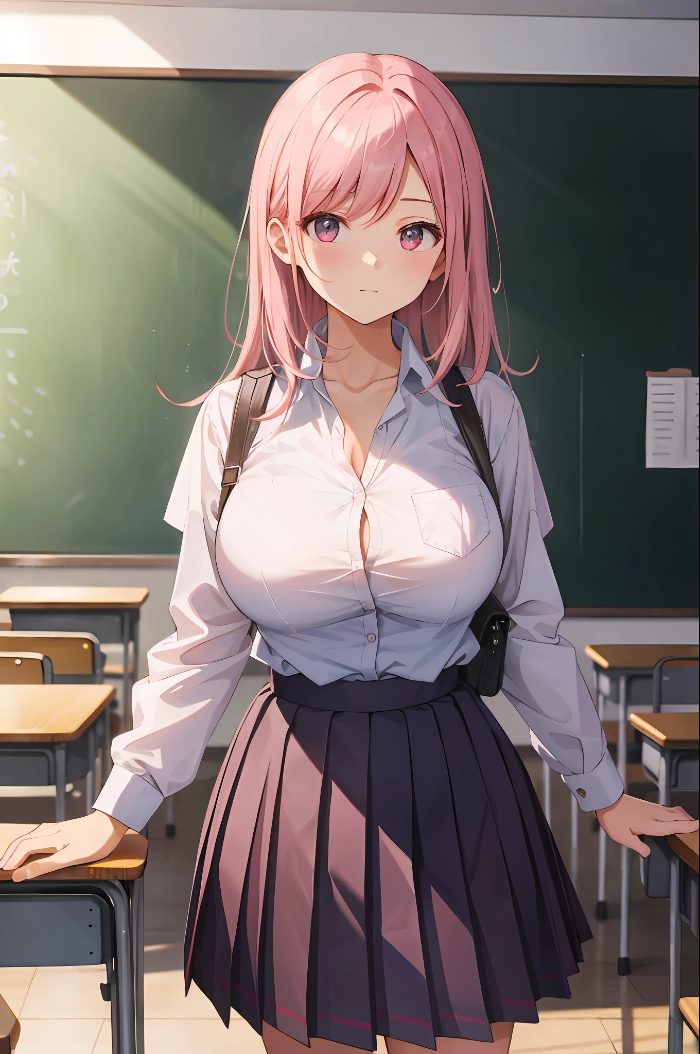masterpiece, best quality, finely detailed, 1girl, pink_rose hair, pleated skirt, (school uniform), huge breasts, cleavage, classroom,