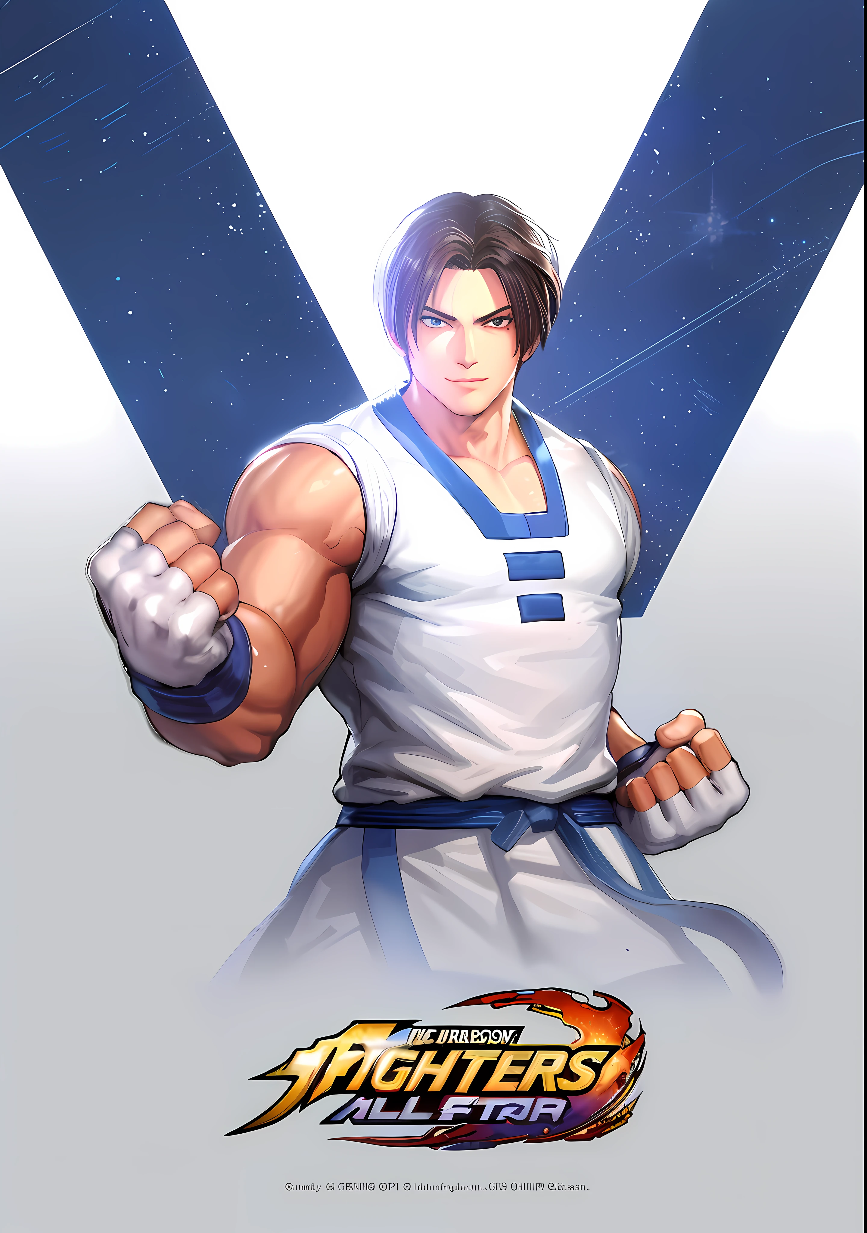 a close up of a cartoon character with a fist in his hand, character from king of fighters, Kim, smiling face, wearing fighter gloves, fighting game character, as a character in tekken, king of fighters style, snk, fighter pose, fan art, official art, of virtua figther, inspired by Daryush Shokof, official character art, tsurumaki kazuya, 3D, hyper detailed hands, extremely realistic, KOF style background arts