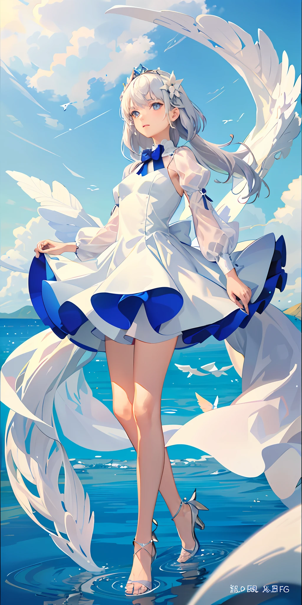 Top Quality, Full Body, High Quality Texture, Fine-grained, Realistic Expression of Face, Detailed Skin, Anime, Girl, Gentle Eyes, Sexy, Mix, Model, Illustration, Portrait, Above Knee, WS, Semi-Real, Princess, Dress, White Dress, Mini Skirt, Fair Skin, Wind Flower, Grassland, Water Lake, Sun, Light, (Small), White Hair