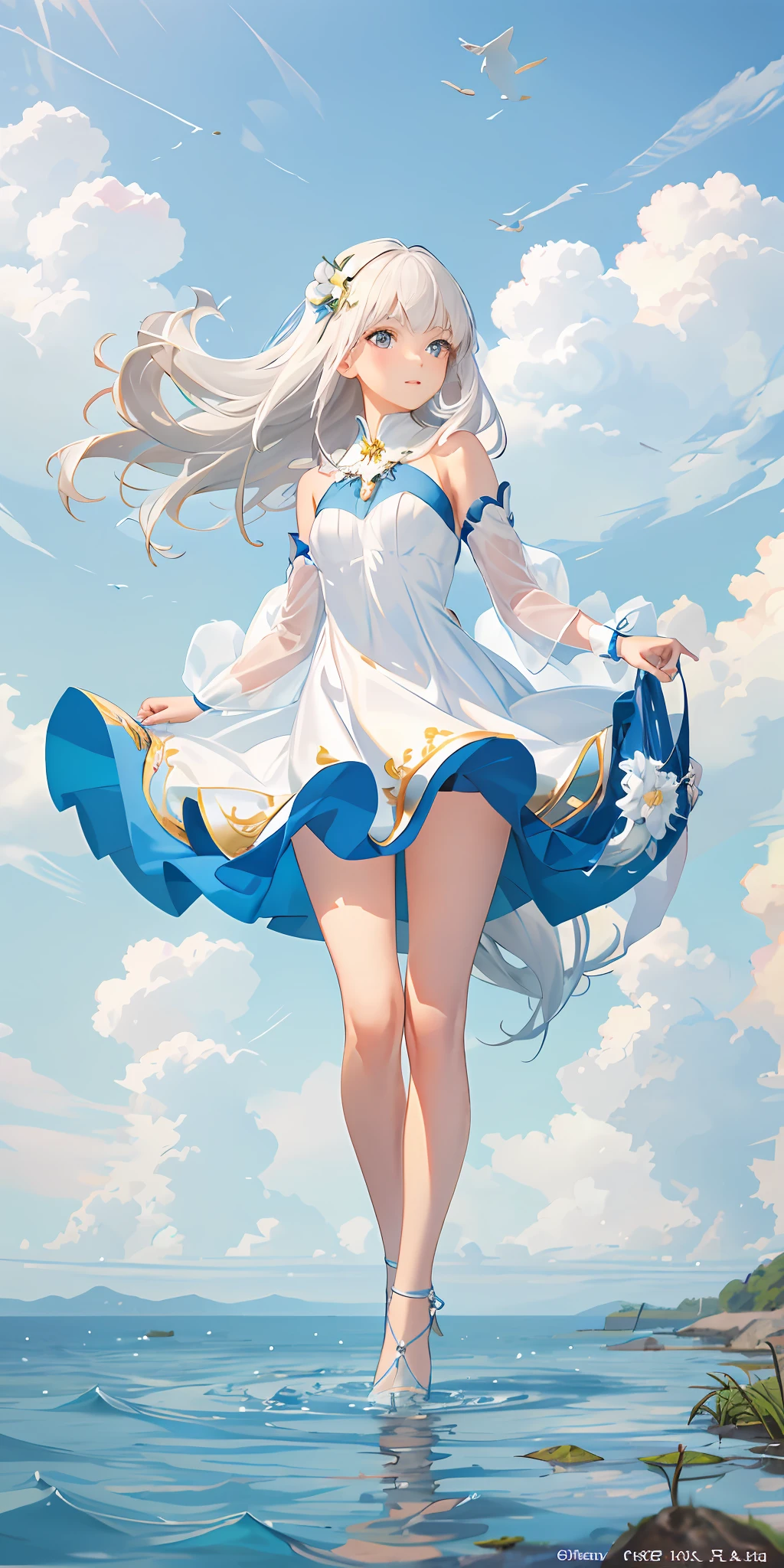 Top Quality, Full Body, High Quality Texture, Fine-grained, Realistic Expression of Face, Detailed Skin, Anime, Girl, Gentle Eyes, Sexy, Mix, Model, Illustration, Portrait, Above Knee, WS, Semi-Real, Princess, Dress, White Dress, Mini Skirt, Fair Skin, Wind Flower, Grassland, Water Lake, Sun, Light, (Small), White Hair