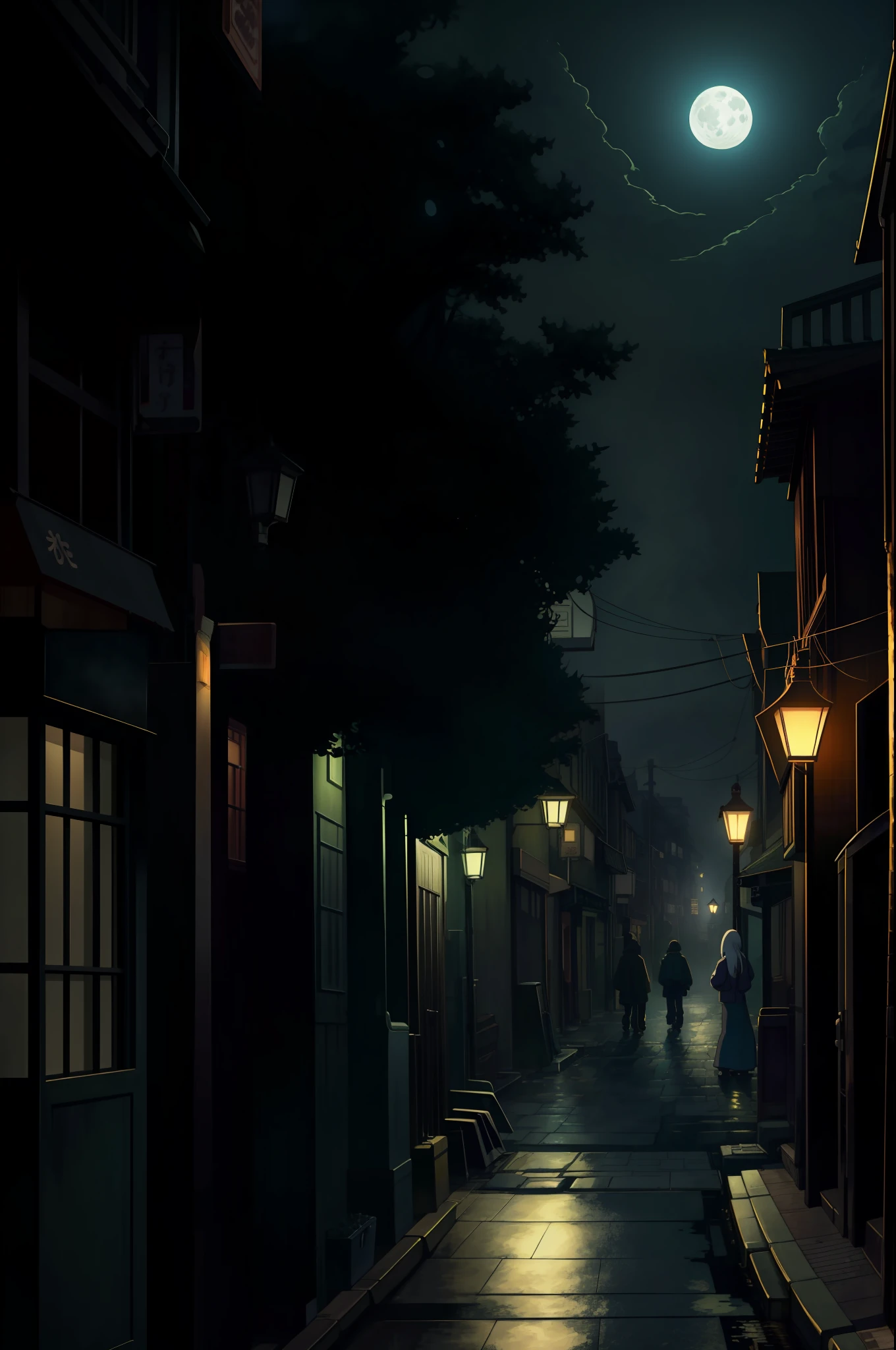 Full moon night, ghosts, monsters, night scenes of city streets, walking alone on the street, city landscape in the style of Spirited Away, anime background art, dramatic lighting, yellow pleasant lights, concept art, gloomy. Spirited Away, Miyazaki style, HD anime cityscape, anime scene, overhead. Volume lighting, town at night, city at night, anime landscape concept art, calm night. Digital illustration