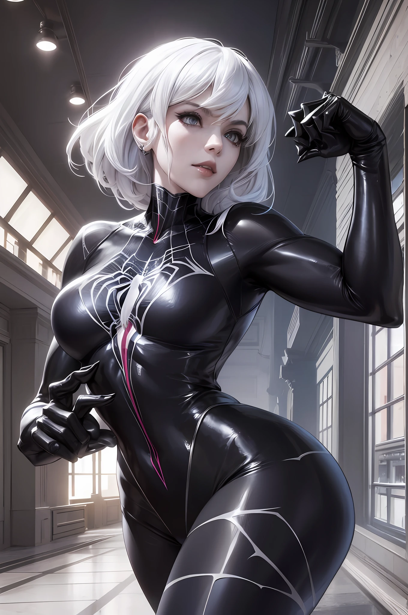Spider Gwen, Gwen Venom Symbiote Costume, Black Silk, Organic Costume, Sweat, Broken Uniform, Symbiote, White Eye, Art, PS5 Movie Screenshot, Highly Detailed Movie Rendering, Ultra Realistic Light with Movie Lighting --auto --s2
