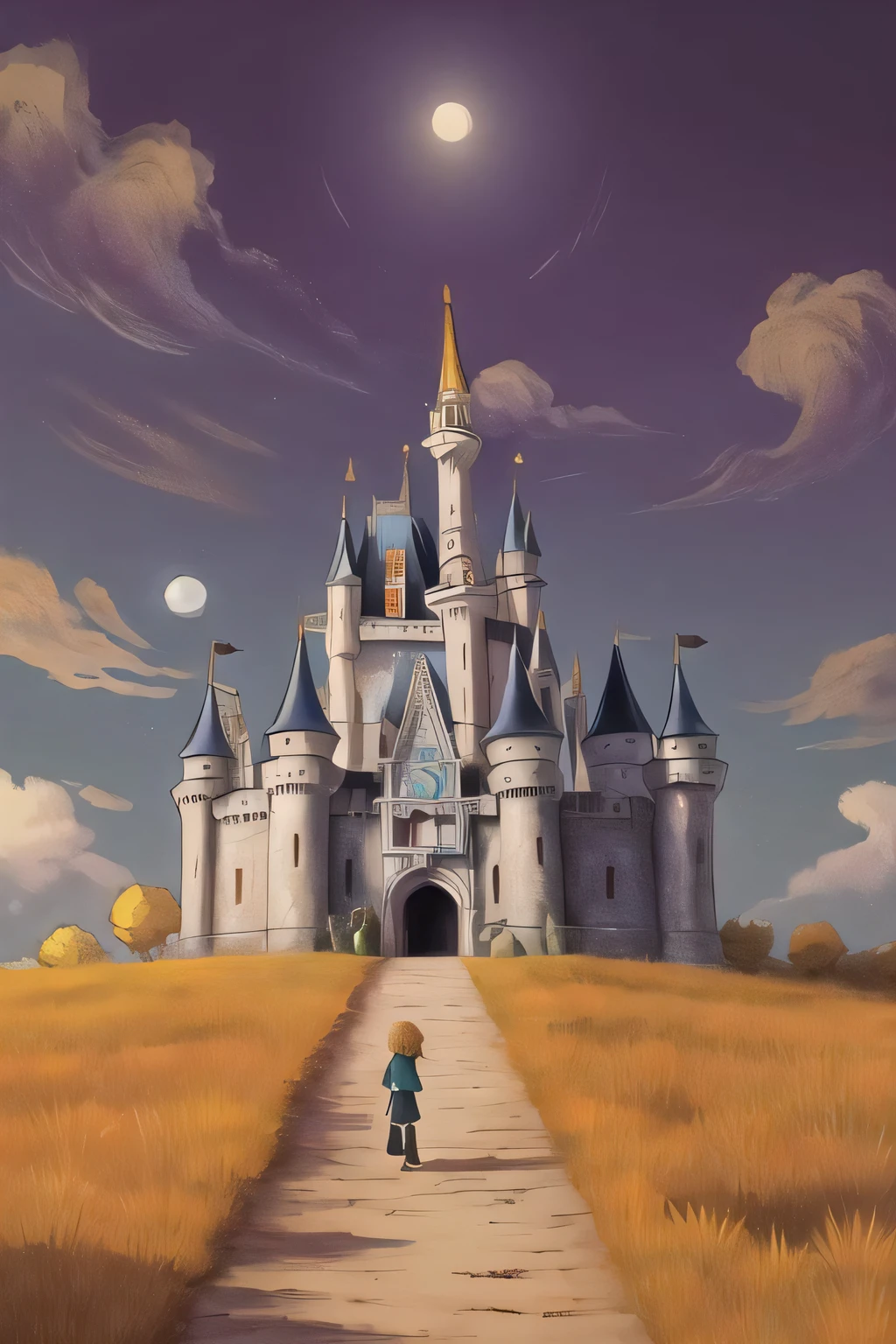 Abstract, background is Boring Fort, Bathed in shadows, Chibi anime, Rembrandt lighting, F/2.8, Colorless, lots of details, castle floating in the sky, isometric, 1girl