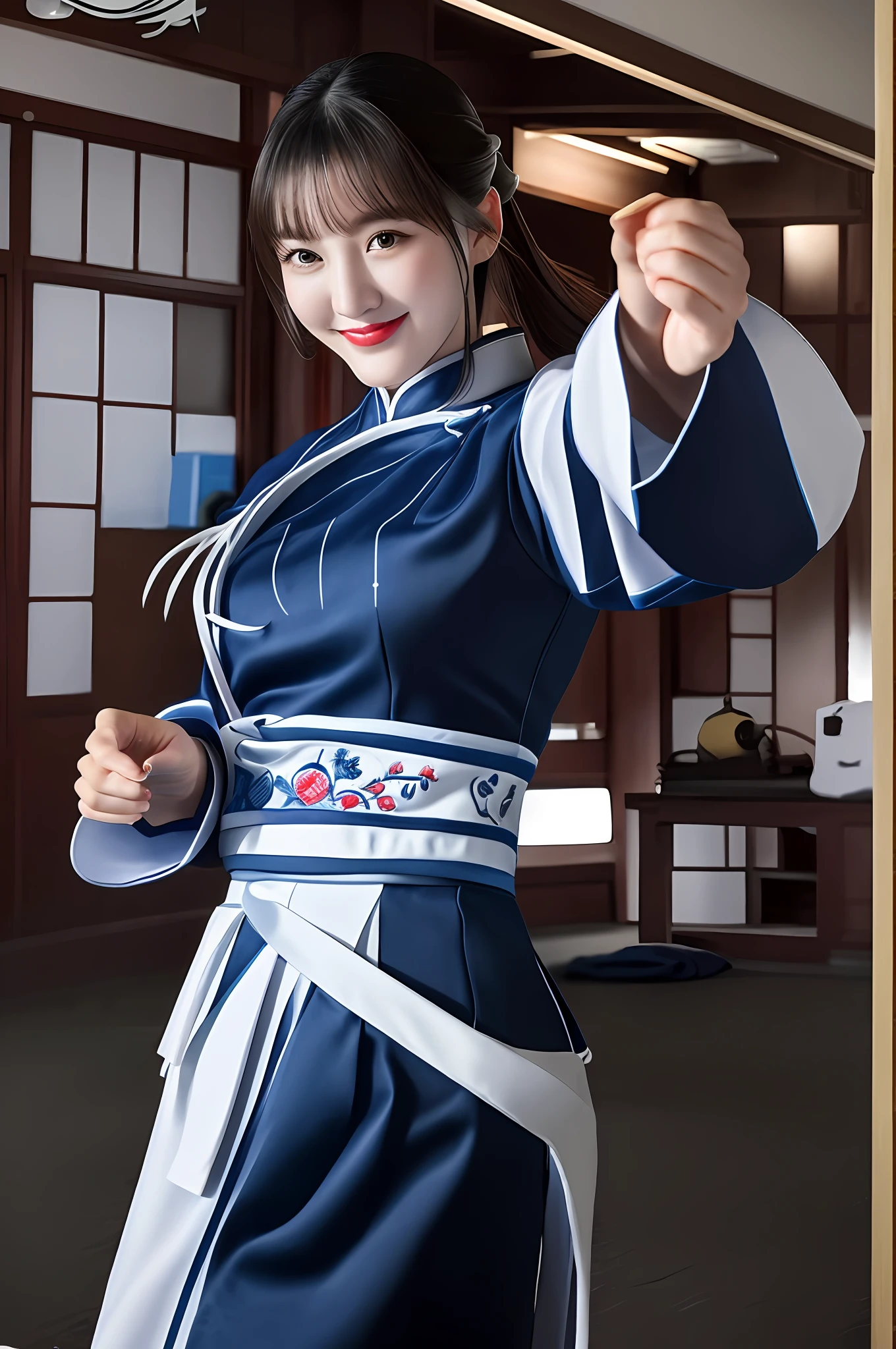 Incredibly beautiful and realistic face White and navy blue cheongsam with fine embroidery, dojo room with many spectators staring in a dark room, wonderful smile, realistic, hair gathered in two dumplings