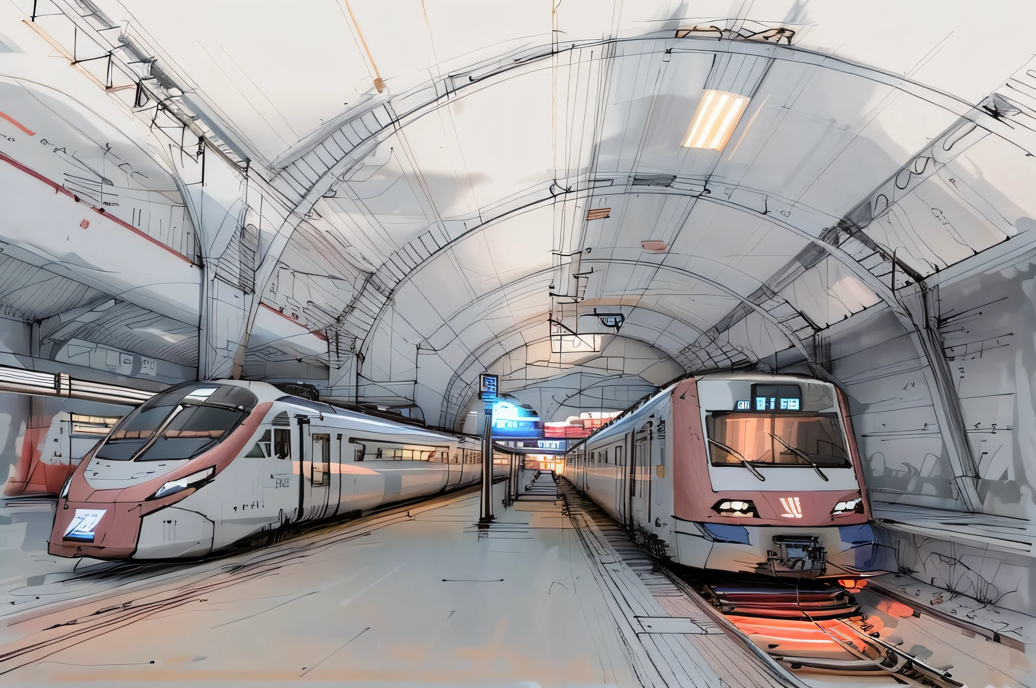 sketch, sketch, pen_sketch_style, two electric trains at the station, the photo shows a large, electric train, high-speed trains, JR SC Maglev, beautiful high resolution, it has red and black paint, the interior of a huge beautiful station, the platform
