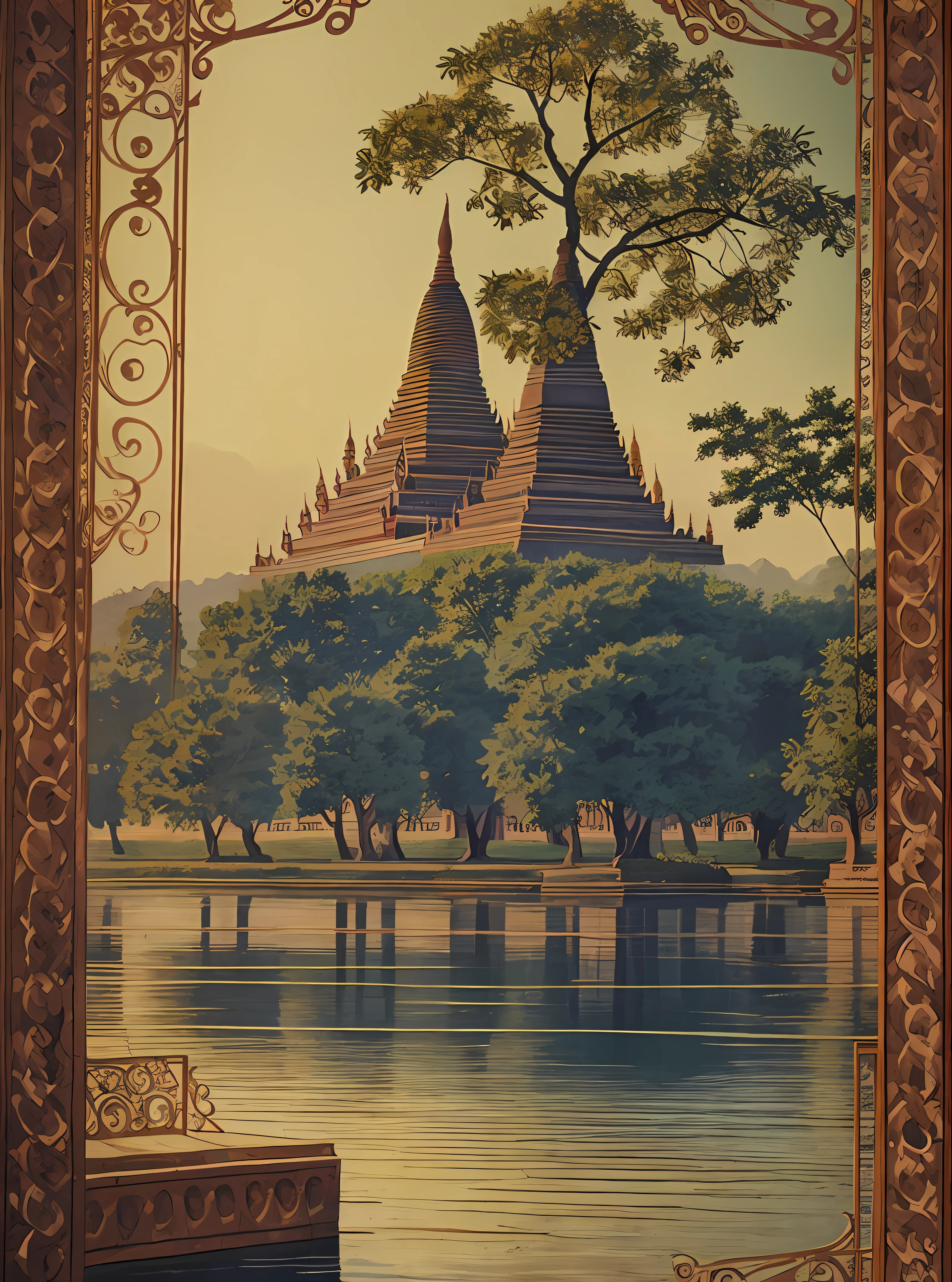 (masterpiece,best quality),vintage poster,
park,moutain,water,tree, Bagan, Myanmar, Pagodas