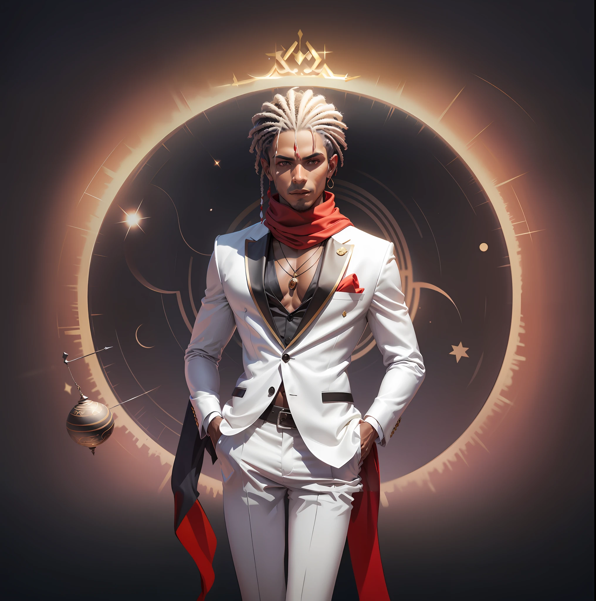 there is a man in a white suit and red scarf, official character art, 3 d render character art 8 k, lunar themed attire, inspired in kris from deltarrune, inspired by Zoltan Boros, trendin on artstation, male anime character, casimir art, male character, human male character art, skinny male fantasy scientist, wearing fantasy formal clothing