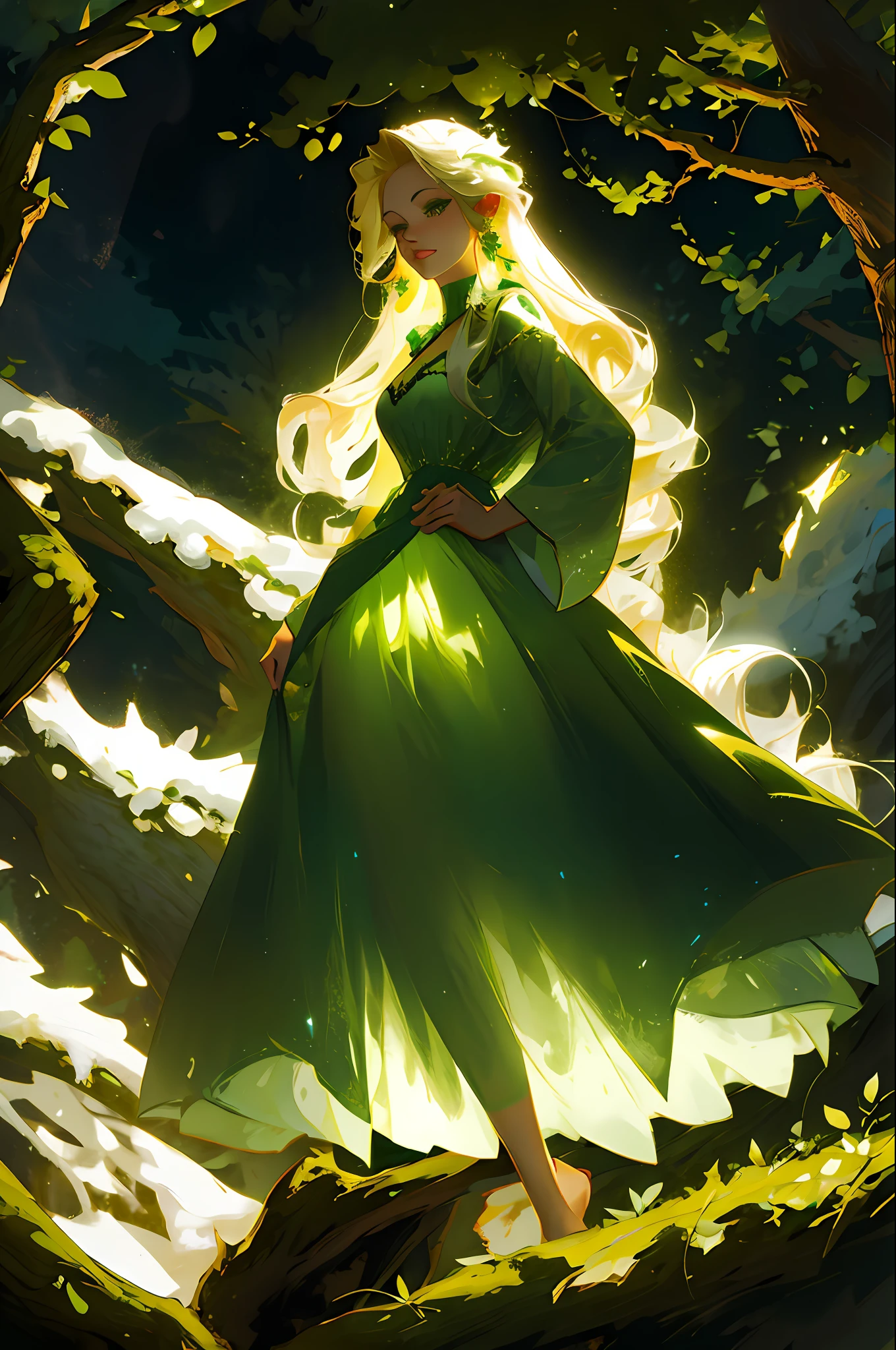 a sensual dryad woman, blonde wildly long hair, green short dress, mystical forest background, night, darkness