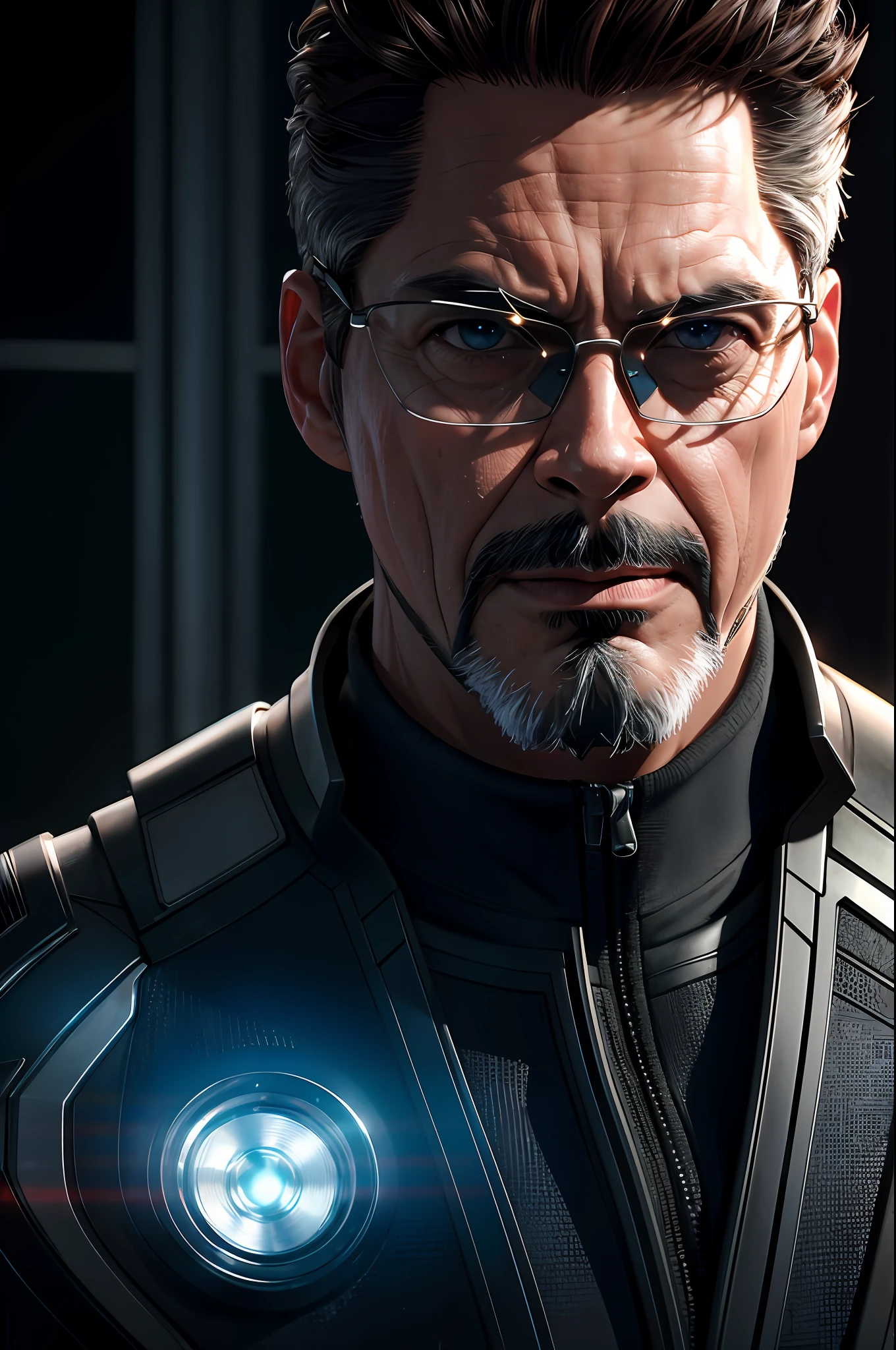 Marvel, Old man Tony Stark, realistically, dynamic lights, old, gray stubble, full shoot, (extremely detailed CG unity 8k wallpaper), trending on ArtStation, trending on CGSociety, High Detail, Sharp focus, dramatic, photorealistic
