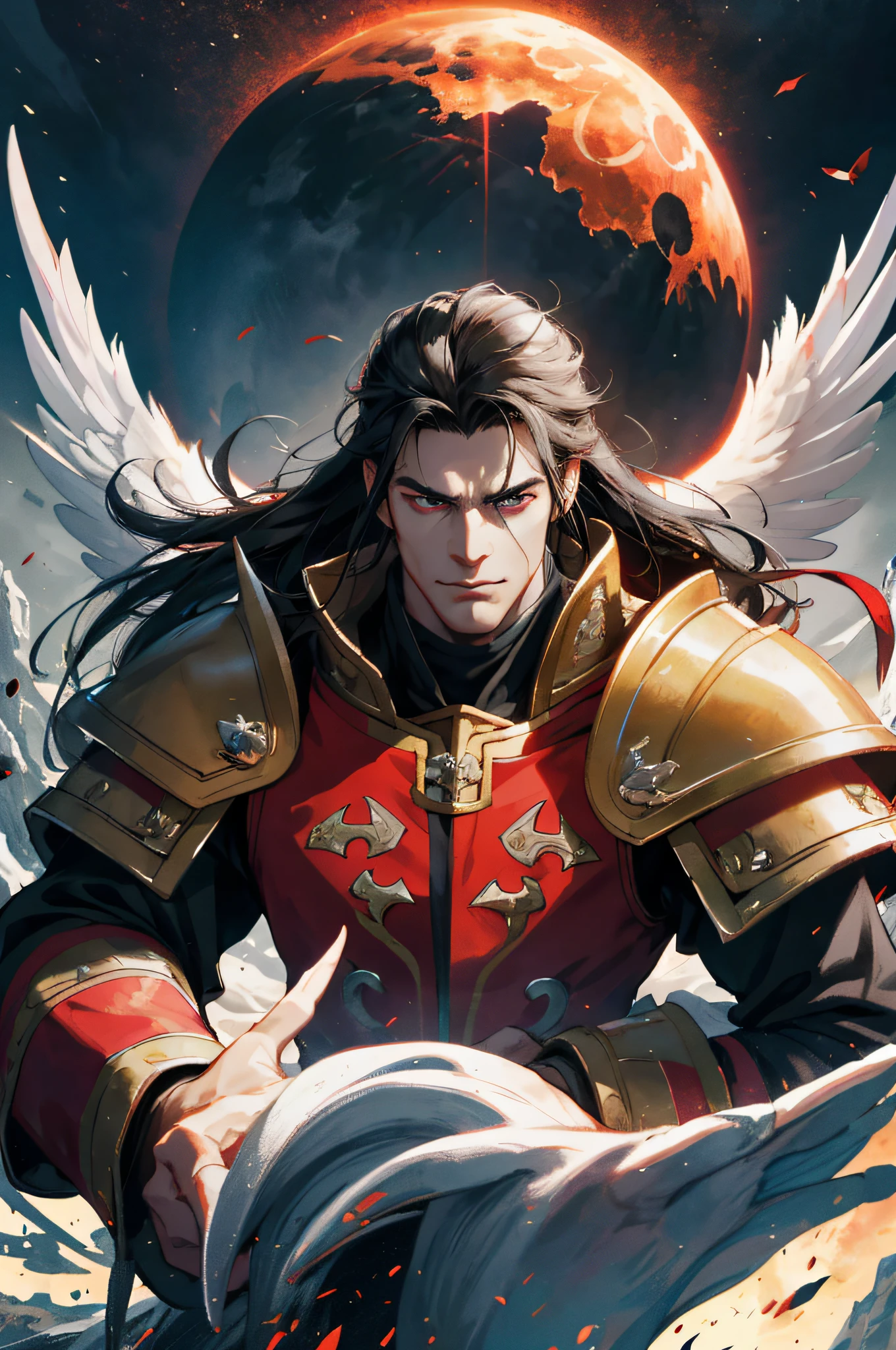 (Absurd, High Definition, Super Detailed), 1 male, Asian face 1.1, mature, age, handsome, tall muscular man, broad shoulders, very long hair, undercut, blood red eyes, fine eyes and detailed face, extremely detailed CG Unity 8k wallpaper, intricate details, portrait, looking down, solo, whole body, detailed background, (dark fantasy theme: 1.1), angel's face, bloodthirsty expression, crusader, hovering in the air, sunlight, floating debris, fighting stance, colorful leather armor, divine blessing, bright and realistic lights, scenery of Warcraft mountains, peaceful atmosphere, crown, coat of arms, tabard, hair blowing in the wind,