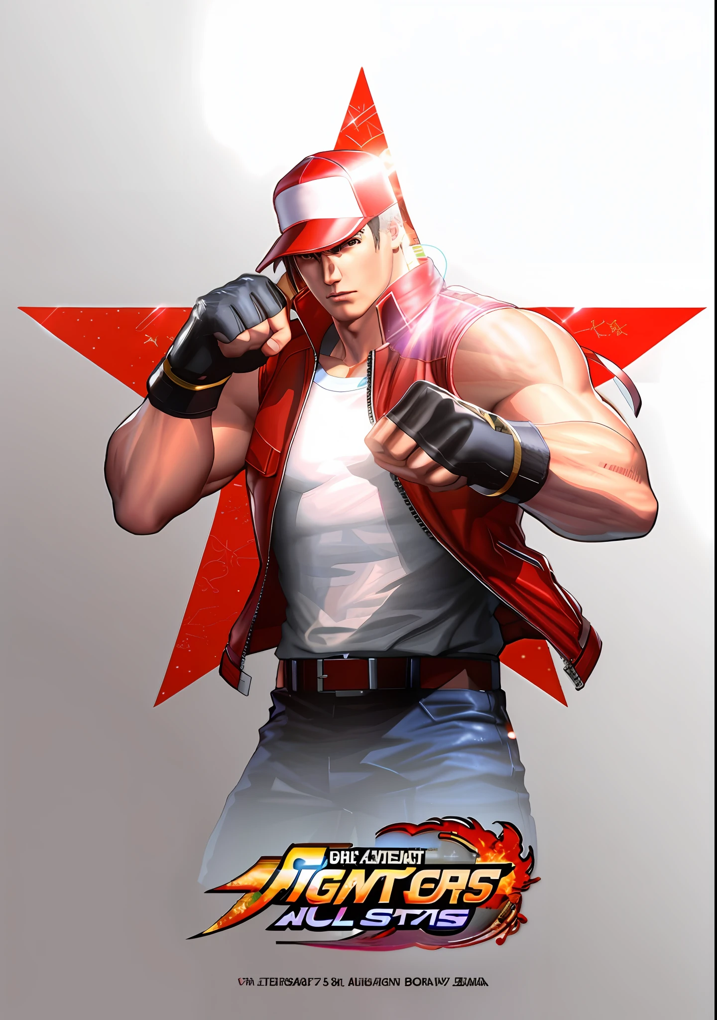 a close up of a person with a fist in a fist pose, character from king of fighters, as a character in tekken, king of fighters style, Terry Bogurd, snk, fighting game character, jin kagetsu, fighter pose, key art, inspired by Daryush Shokof, 2k, 2 k, fan art, akihiko yoshida!, hyper detailed fists, 3D, extremely realistic, KOF style arts background