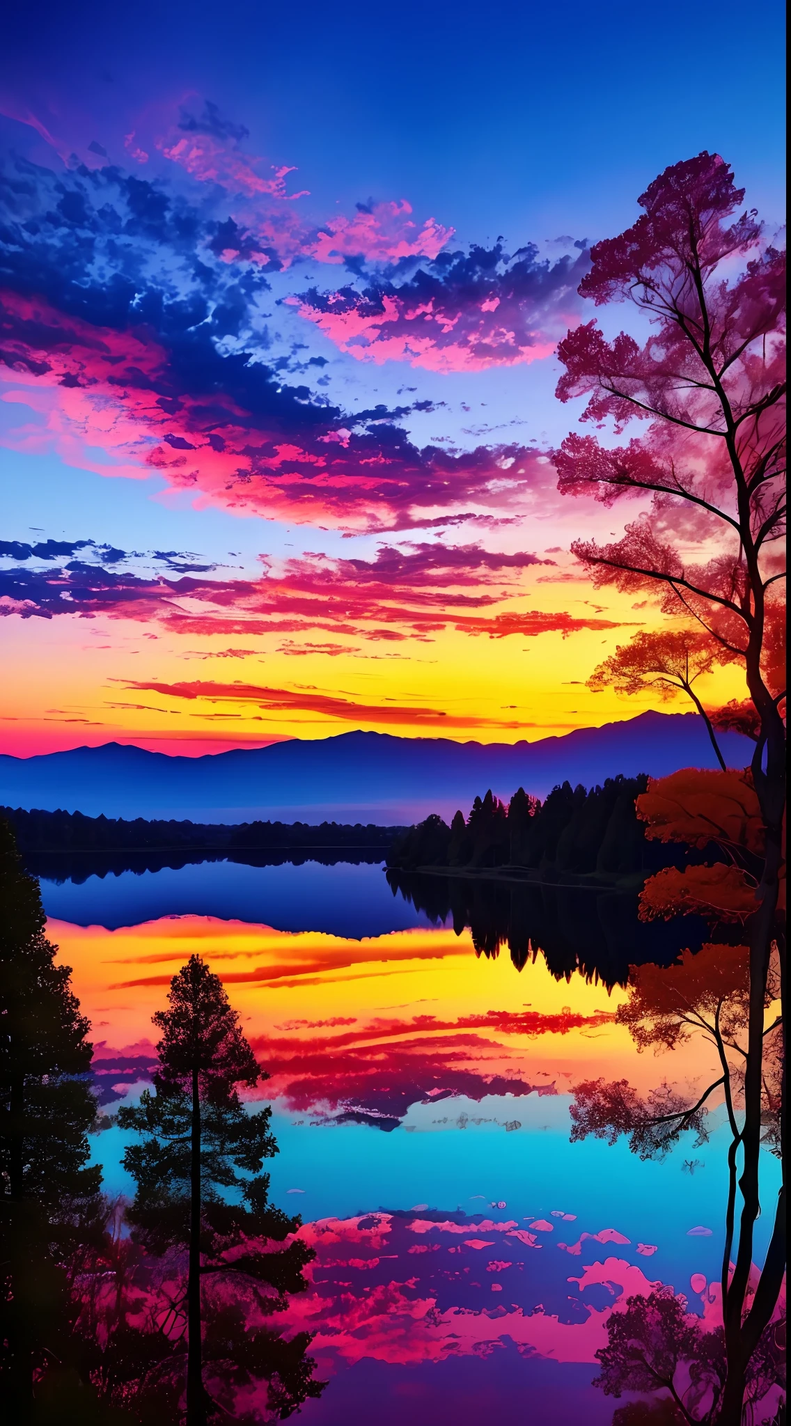 there is a beautiful sunset with a lake and trees in the background, colorful skies, surreal colors, colorful sunset, colorful sky, marvellous reflection of the sky, stunning sky, dream like atmosphere 8k, colorful clouds, colors reflecting on lake, surreal sky, red and blue reflections, fire reflection, beautiful sky, beautiful and spectacular dusk, beautiful dreamy landscape, amazing sky