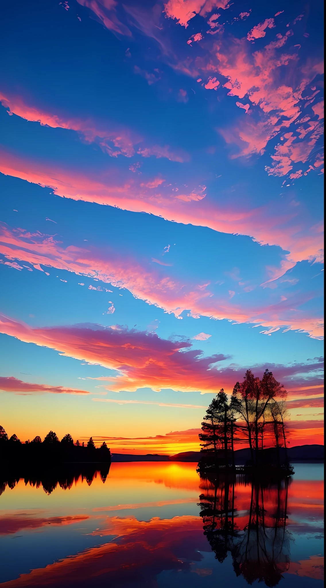 there is a beautiful sunset with a lake and trees in the background, colorful skies, surreal colors, colorful sunset, colorful sky, marvellous reflection of the sky, stunning sky, dream like atmosphere 8k, colorful clouds, colors reflecting on lake, surreal sky, red and blue reflections, fire reflection, beautiful sky, beautiful and spectacular dusk, beautiful dreamy landscape, amazing sky