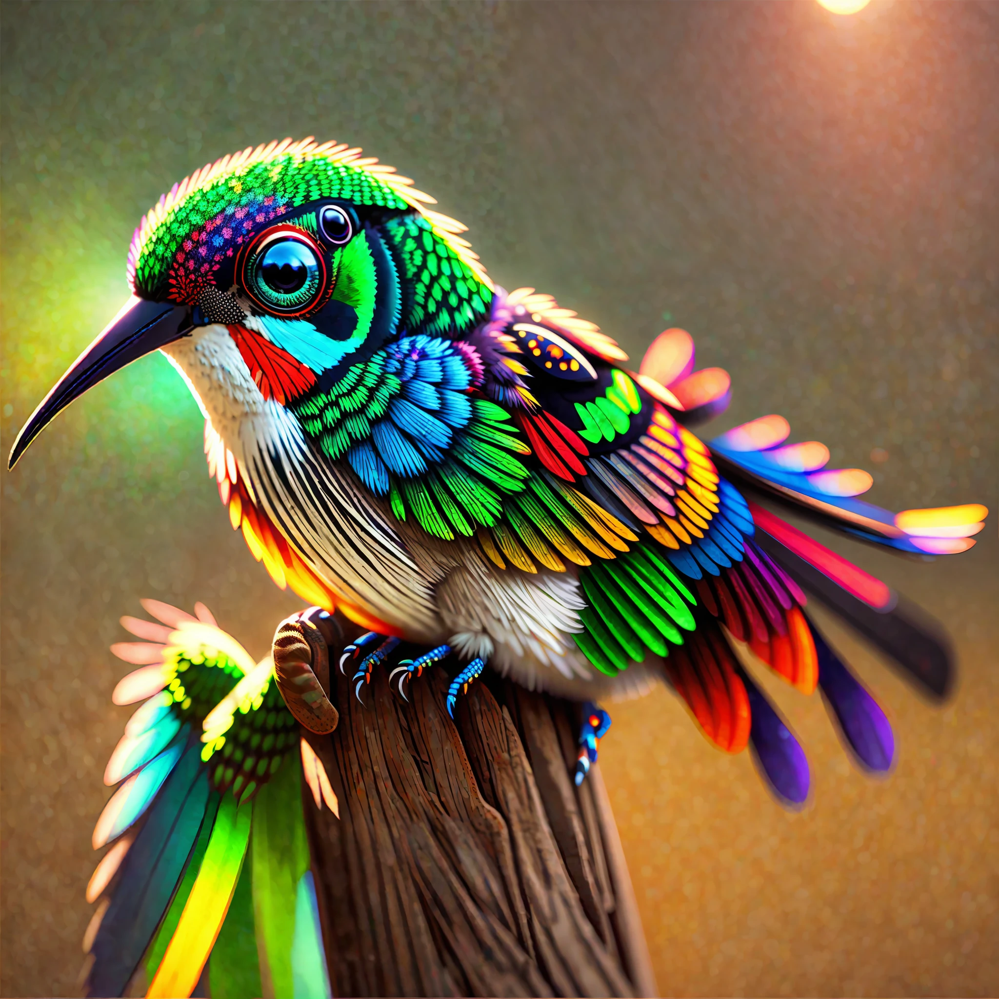 Multicolored Hummingbird Bird, Do Not Duplicate Eyes, Cinematic Lighting, Lens Flare, Bokeh, Super Detail --auto --s2