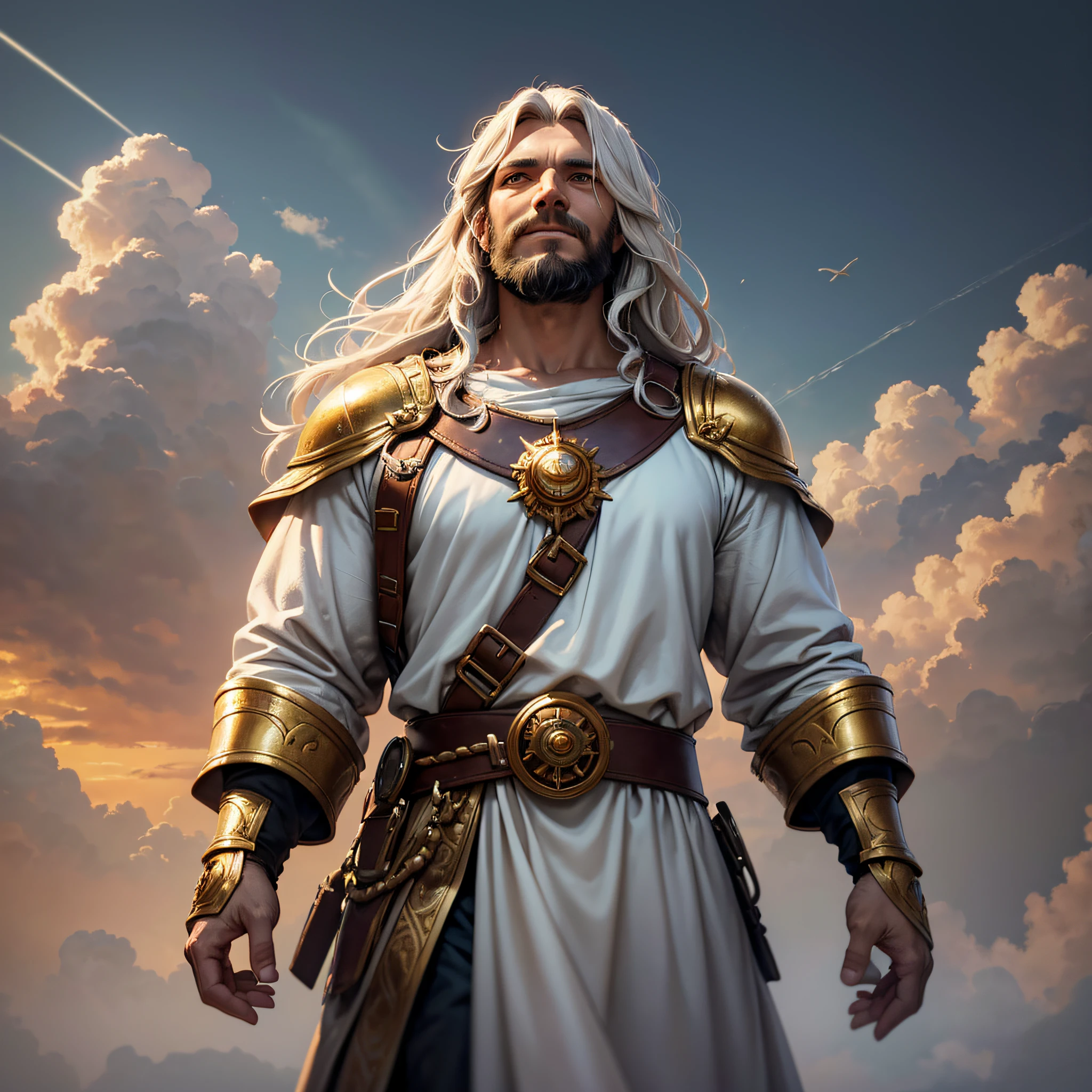 oil painting, oil painting, surrealism, shadow cast, , an impressive landscape of 50-year-old male Jesus coming into the skies over the clouds with great power. The background should have rays and clouds in a night sky, face like the midday sun, crown on the head, hair and beard white as snow, dressed in a tunic and a golden breastplate, eyes like flames of fire, feet like refined bronze in the furnace, serene smile (highly detailed skin: 1.2), 8k uhd,  dslr, soft lighting, high quality, grain film, Fujifilm XT3