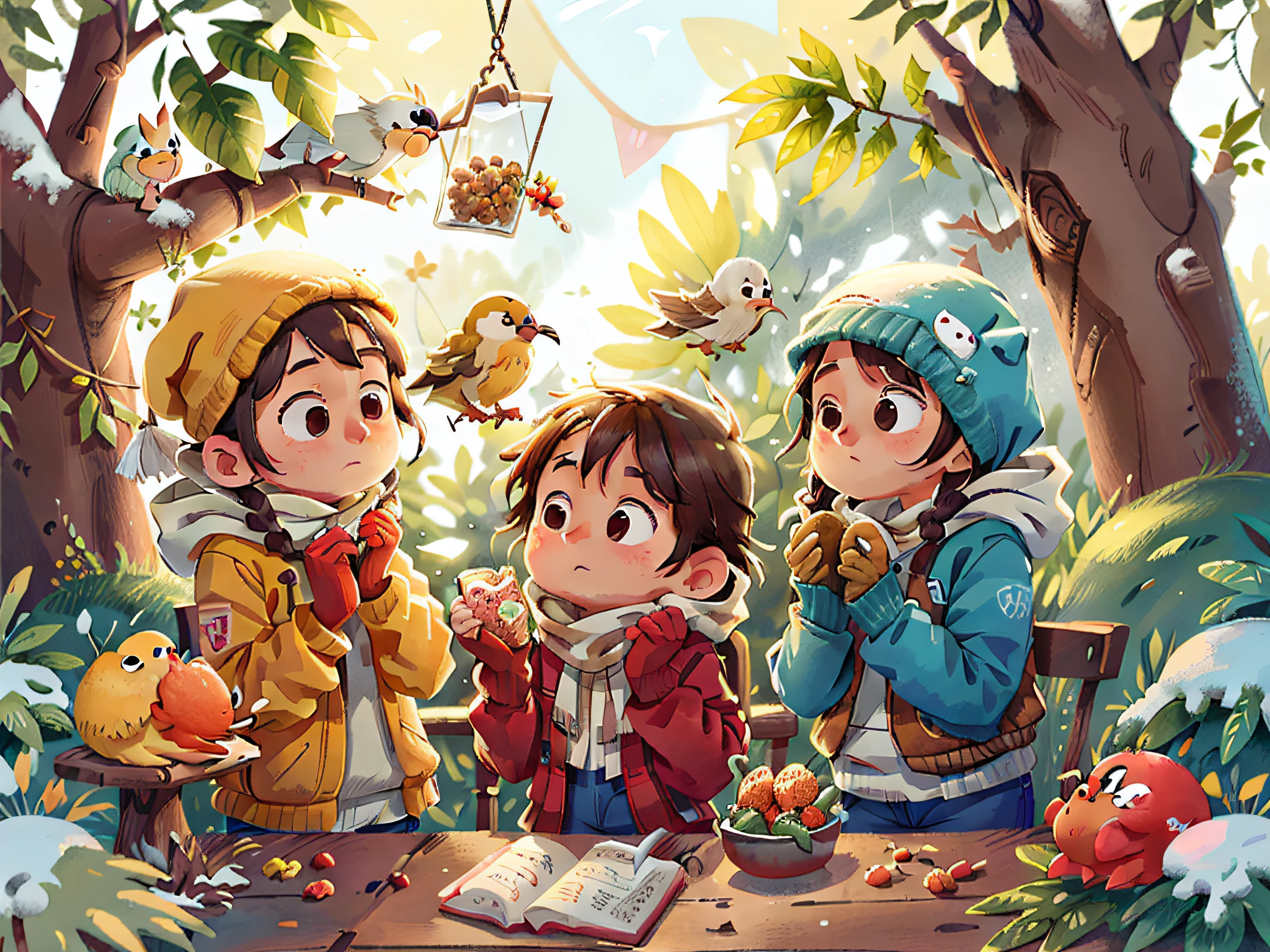 One winter morning, the "Pillipillias" saw a cold bird in the backyard. They made a feeder out of seeds and hung it on the tree, offering food to the bird. The girls knew that caring for nature was a way of taking care of the world God created.