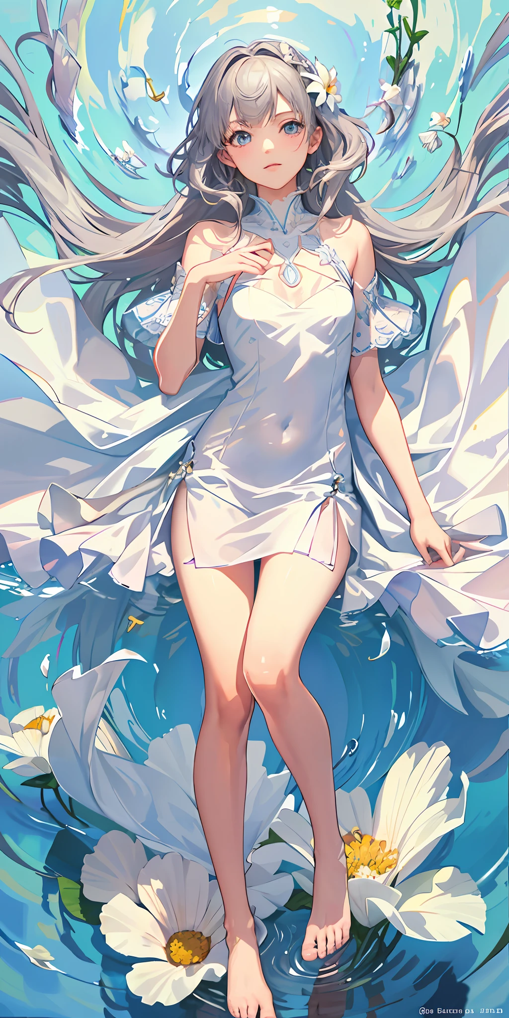 Top quality, high quality texture, fine-grained, realistic expression of face, detailed skin, anime, girl, gentle eyes, sexy, mix, model, illustration, portrait, knee up, ws, semi-real, princess, dress, white dress, fair skin, wind flower, meadow, water lake, sun, light, (small breasts), gray hair