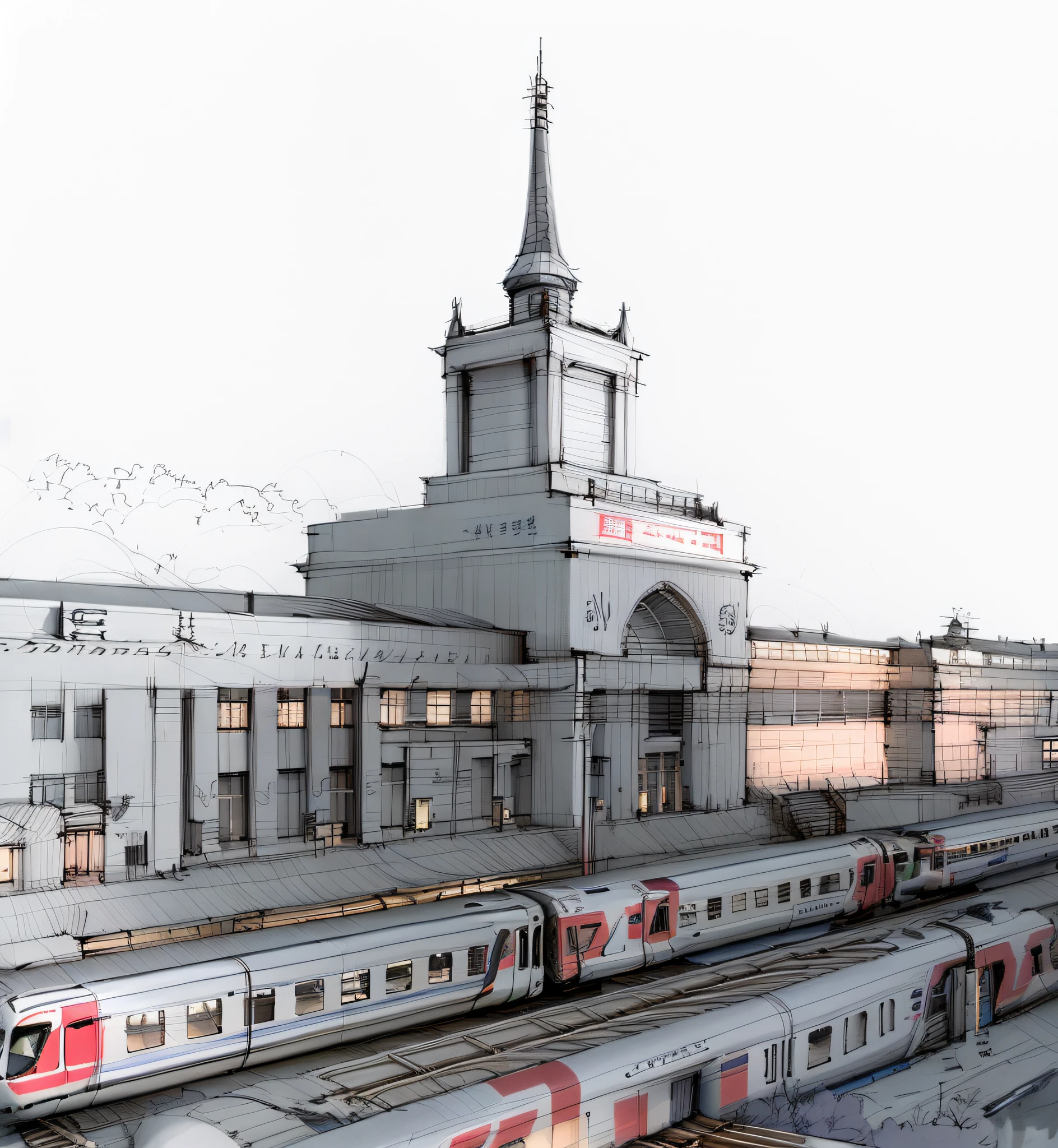 sketch, sketch, pen_sketch_style, two electric trains at the station, the photo shows a large, electric train, high-speed trains, JR SC Maglev, beautiful high resolution, it has red and black paint, the exterior of a huge beautiful station, the platform