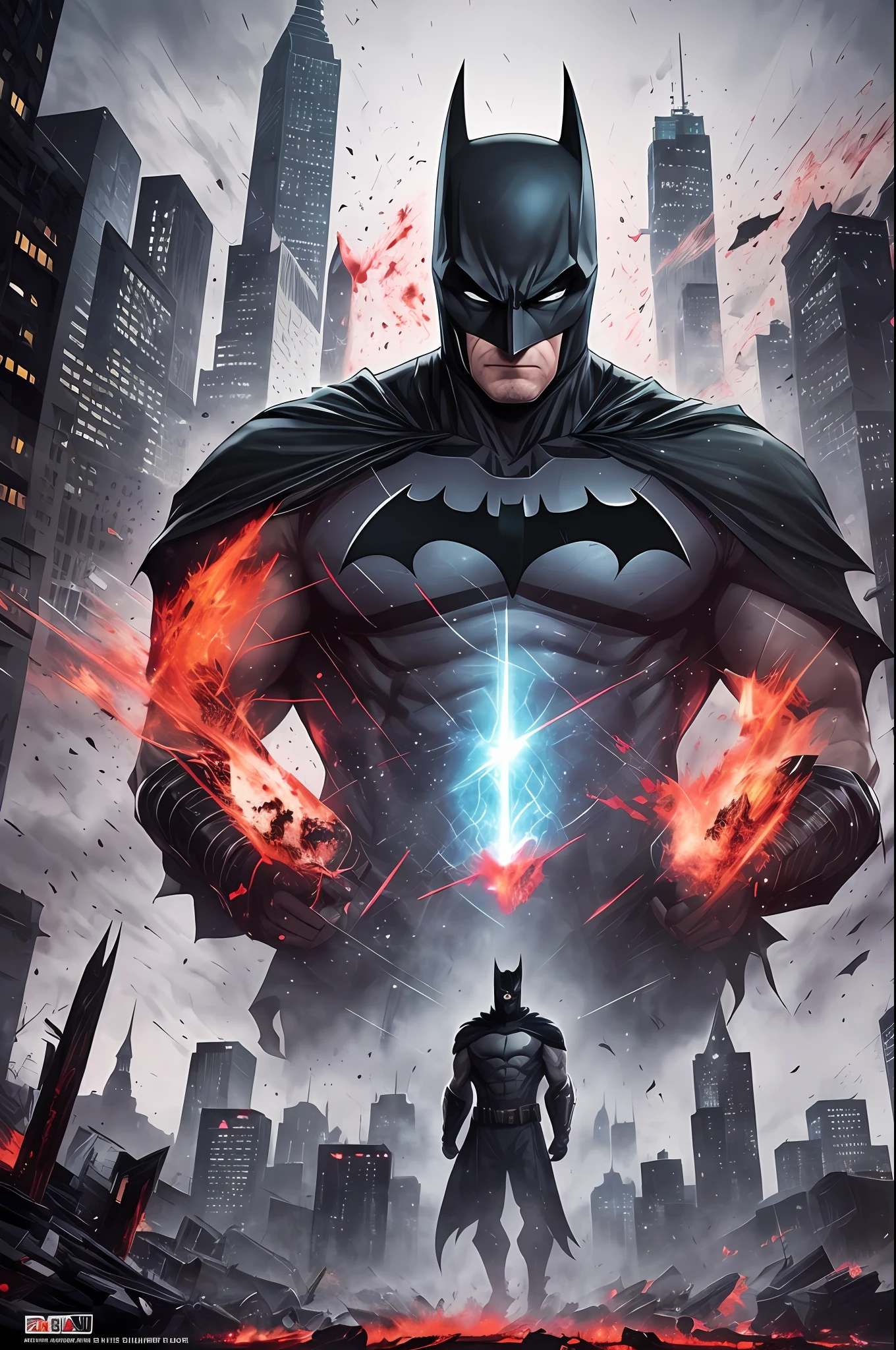 Batman The Dark City, Batman was bewitched by Mr. Souls the city is a caus the dark sky glows with red and blue rays tearing through the skies of Gotham, a lot of blood spilled on the ground before the battle with Mr. Das Almas, Batman's hands shake at the sight of so much blood on his hands and around him from innocent people who are affected by Mr. Souls,  64k, --auto --s2