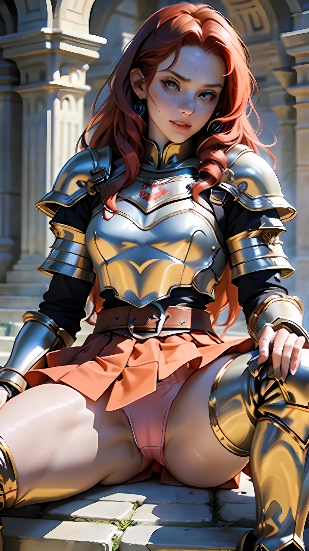 Redhead warrior, best quality, ultra detailed, 1 girl, cute, freckles on face, long hair, straight hair, beautiful, medieval fantasy, medieval, armor, steel breastplate, steel gauntlets, steel gloves, steel boots, sitting, legs open, legs raised, short skirt, red skirt, white panties, panties appearing, thong, redhead, realistic, D&D, sitting, legs open, upskirt, cameltoe,  pantyshot, ultra realistic, wallpaper,