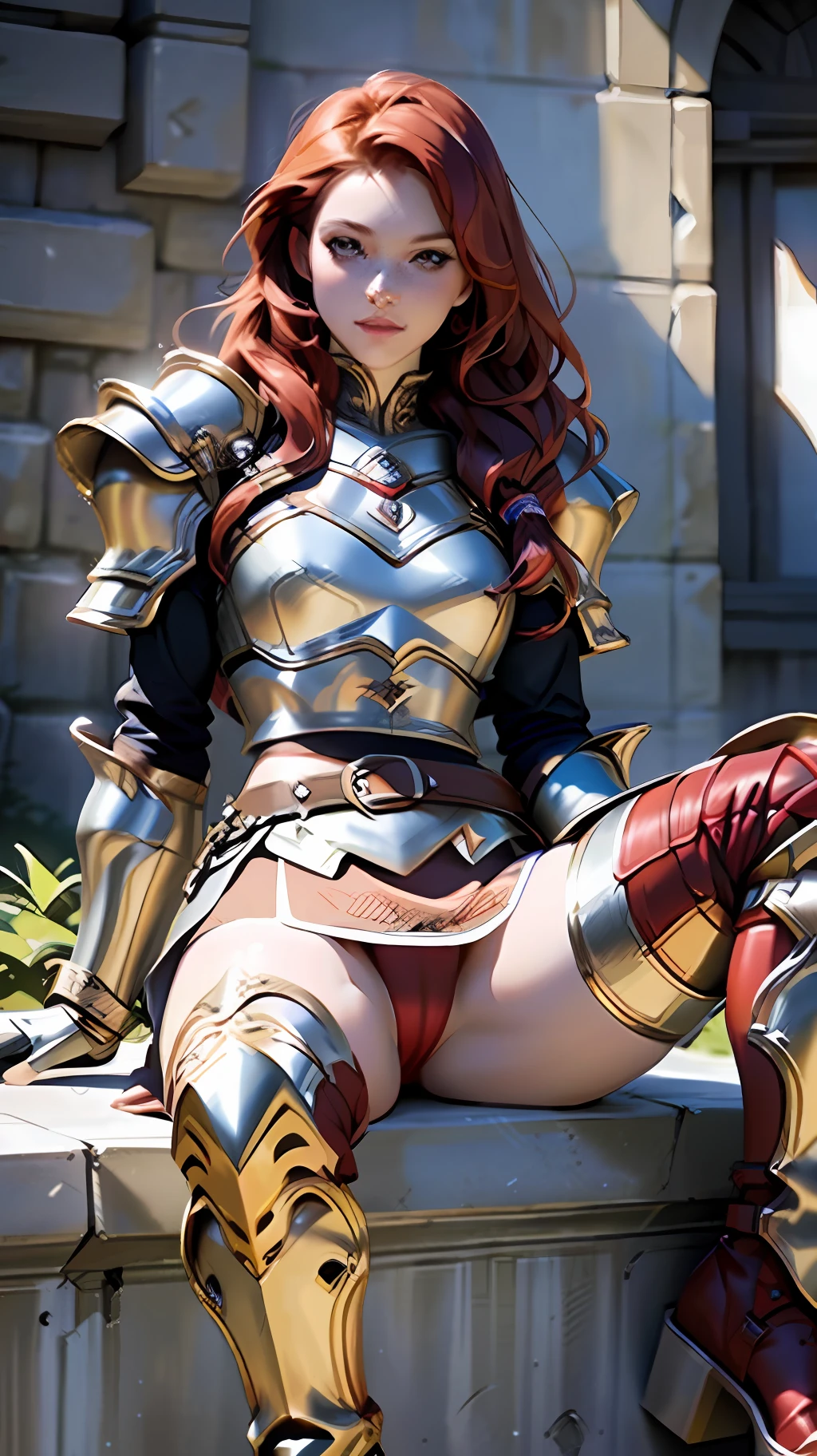 Redhead warrior, best quality, ultra detailed, 1 girl, cute, freckles on face, long hair, straight hair, beautiful, medieval fantasy, medieval, armor, steel breastplate, steel gauntlets, steel gloves, steel boots, sitting, legs open, legs raised, short skirt, red skirt, white panties, panties appearing, thong, redhead, realistic, D&D, sitting, legs open, upskirt, cameltoe,  pantyshot, ultra realistic, wallpaper,