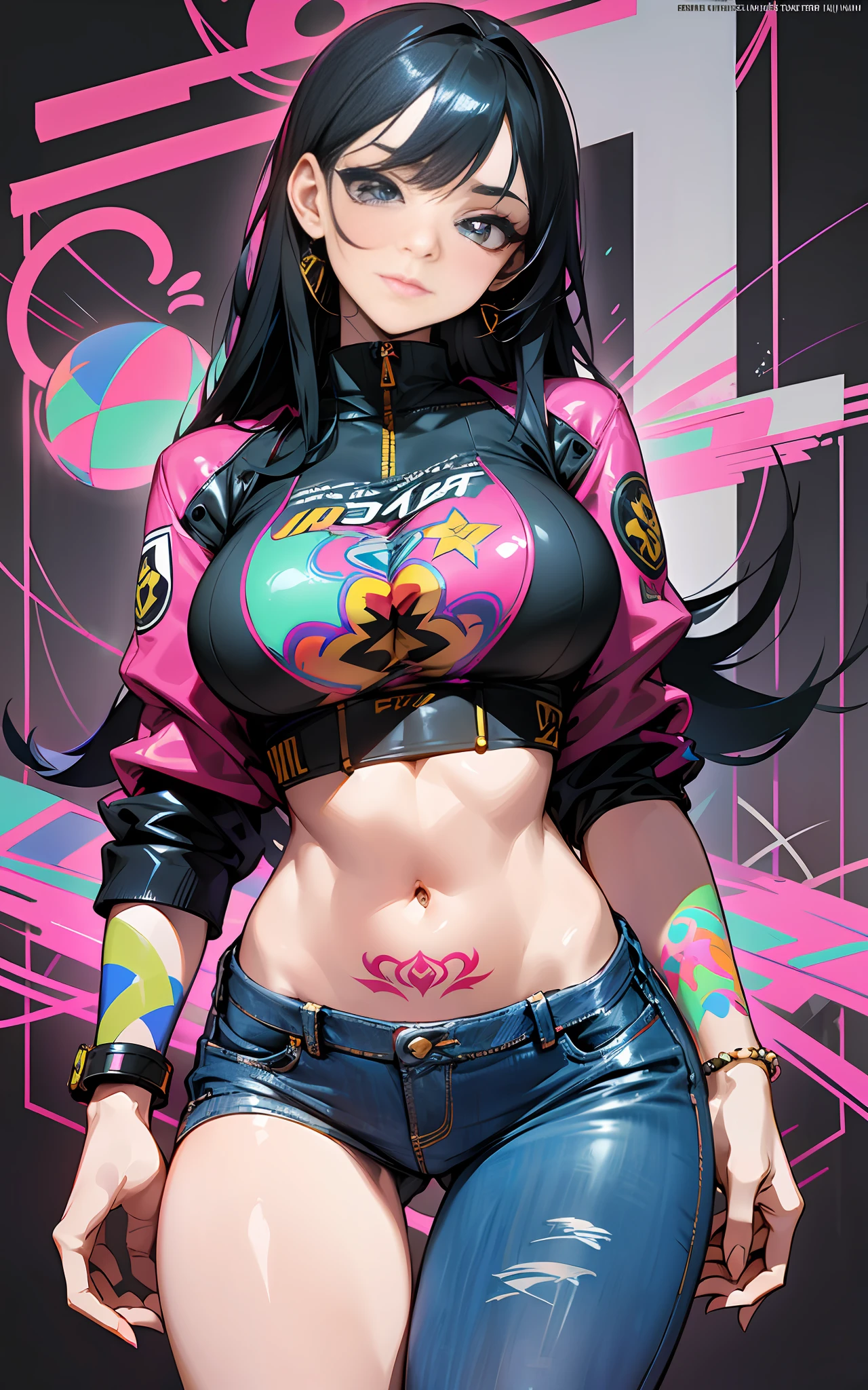 background, mixed-language_text, Japanese letters in graffit, ashley alexiss beautiful woman, long black hair, excellent lighting, sidelighting, perfect ultimate (flat color pink bubblegum gradient: 1.3), (magazine_cover: 1.4), (multicolored_background: 1.3), striped_background, card_background, :: discs with sharp and shiny blades in hand :: circular pieces of white metals glued to the ultra detailed arms coming out sparkling glow, black star design stamped in the middle of the t-shirt, perfect and detailed sculptural body, ultra detailed shirt with abstract design and with Japanese letter print in grafit of the sides of the clothing, worn jeans, big breast, with immersive effects, hover effect, background graffiti style flowers with flowers and vibrant colors, "ultra" hdr detailed and with focus effect, (masterpiece: 1.2, best quality), (beautiful emerald yellow eyes with huge finely detailed eyelashes: 1.2), , ((Solo)), (Finely detailed eyes and detailed face:1.3),beautiful ultra-detailed eyes, lineart light smile, graffiti and tattoo style backdrop, woman, alone. midriff, skintight bodysuit with detailed tattoo-style print, ultra-detailed red gradient leather jacket, hot thighs, black skintight pants with ultra-detailed white and pink detailing, large breasts, ultra-detailed bracelets on arms, , bracelet on right arm with ultra bright red energy