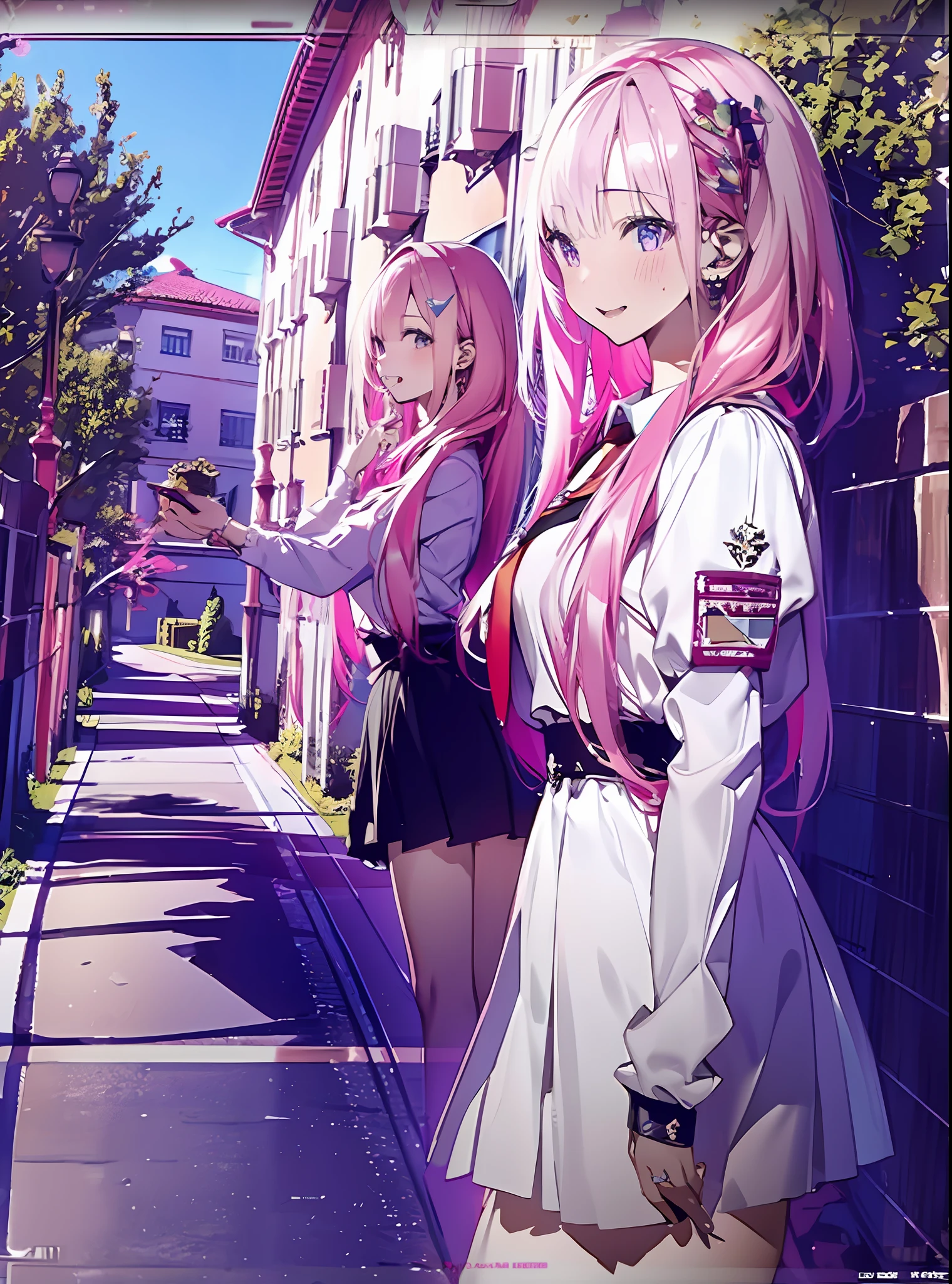 masterpiece, best quality, masterpiece,best quality,official art, beautiful girl, pink hair, extremely detailed CG unity 8k wallpaper, day,1 girl, school,